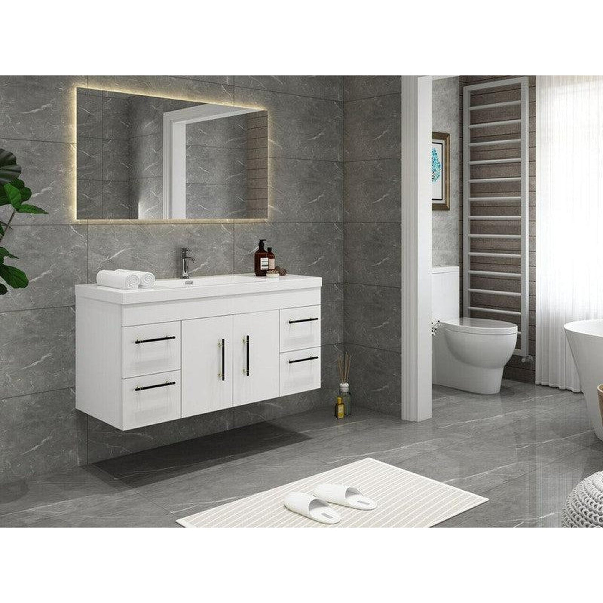 Elara 48&quot; High Gloss White Wall-Mounted Vanity With Single Reinforced White Acrylic Sink