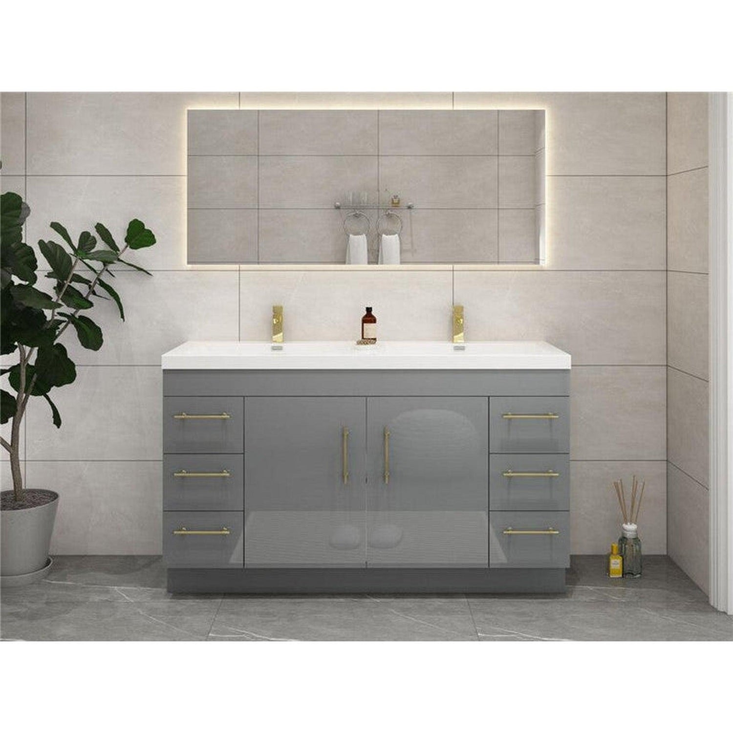 Elara 60&quot; High Gloss Gray Freestanding Vanity With Double Reinforced White Acrylic Sinks