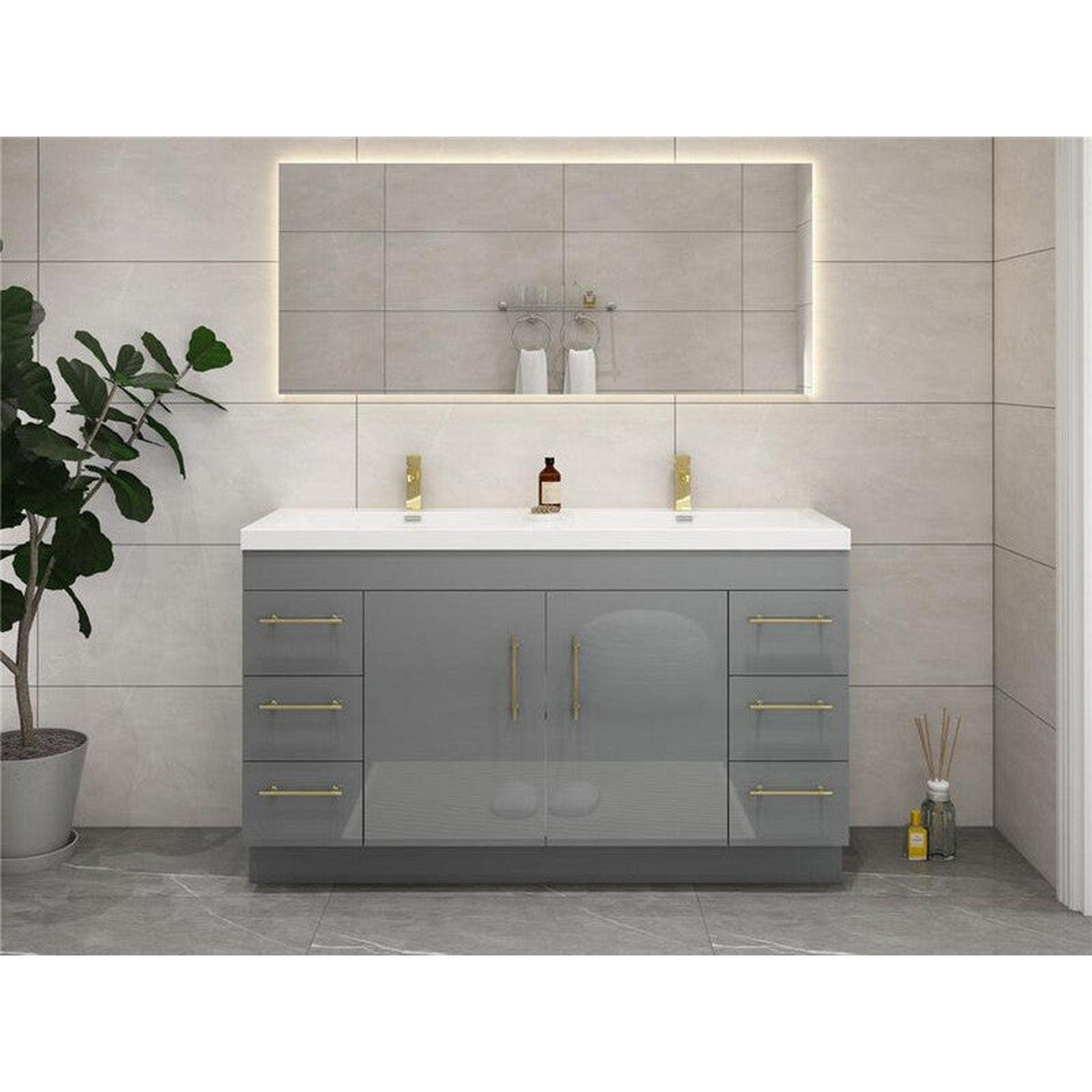 Elara 60&quot; High Gloss Gray Freestanding Vanity With Double Reinforced White Acrylic Sinks