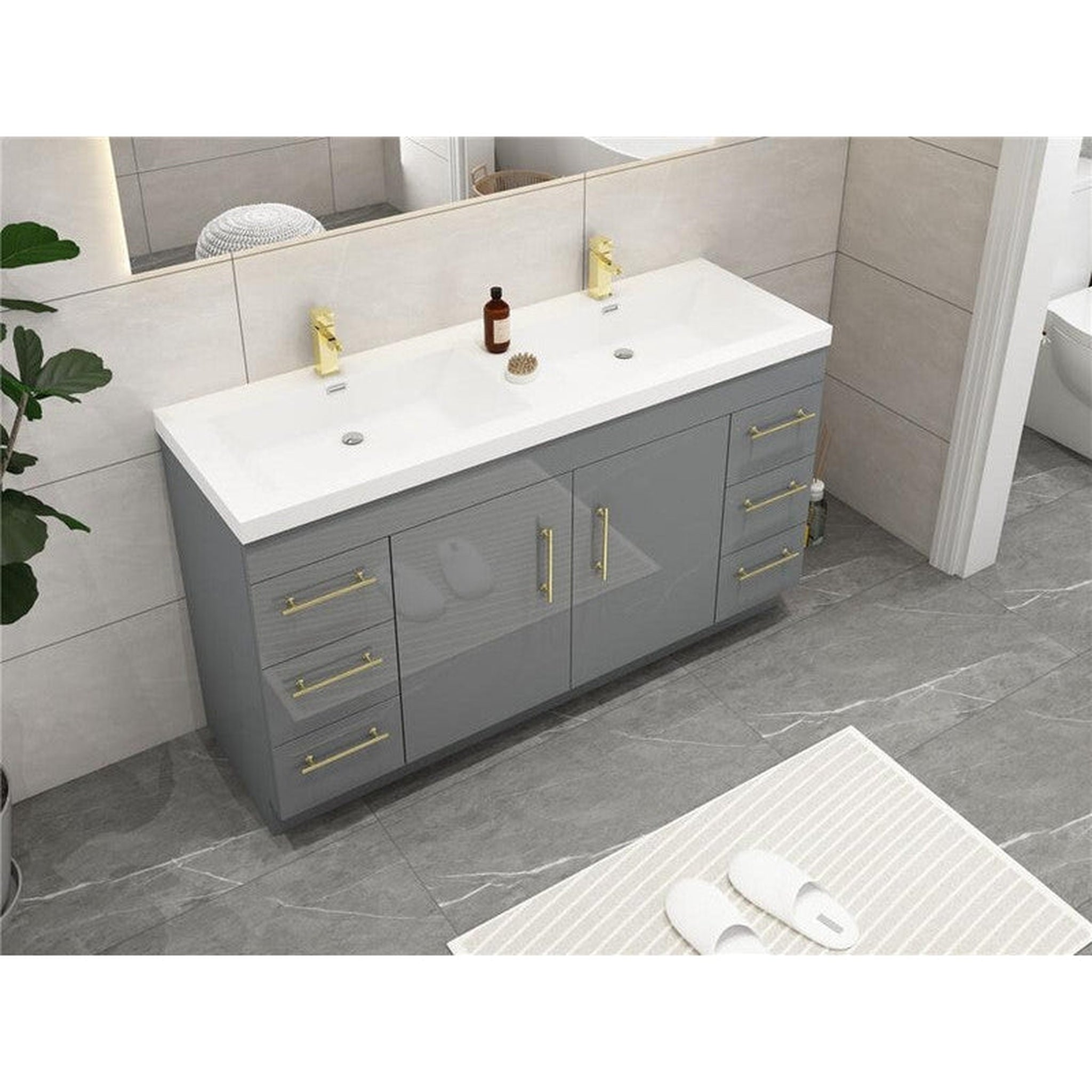 Elara 60&quot; High Gloss Gray Freestanding Vanity With Double Reinforced White Acrylic Sinks