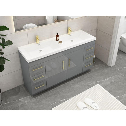 Elara 60&quot; High Gloss Gray Freestanding Vanity With Double Reinforced White Acrylic Sinks