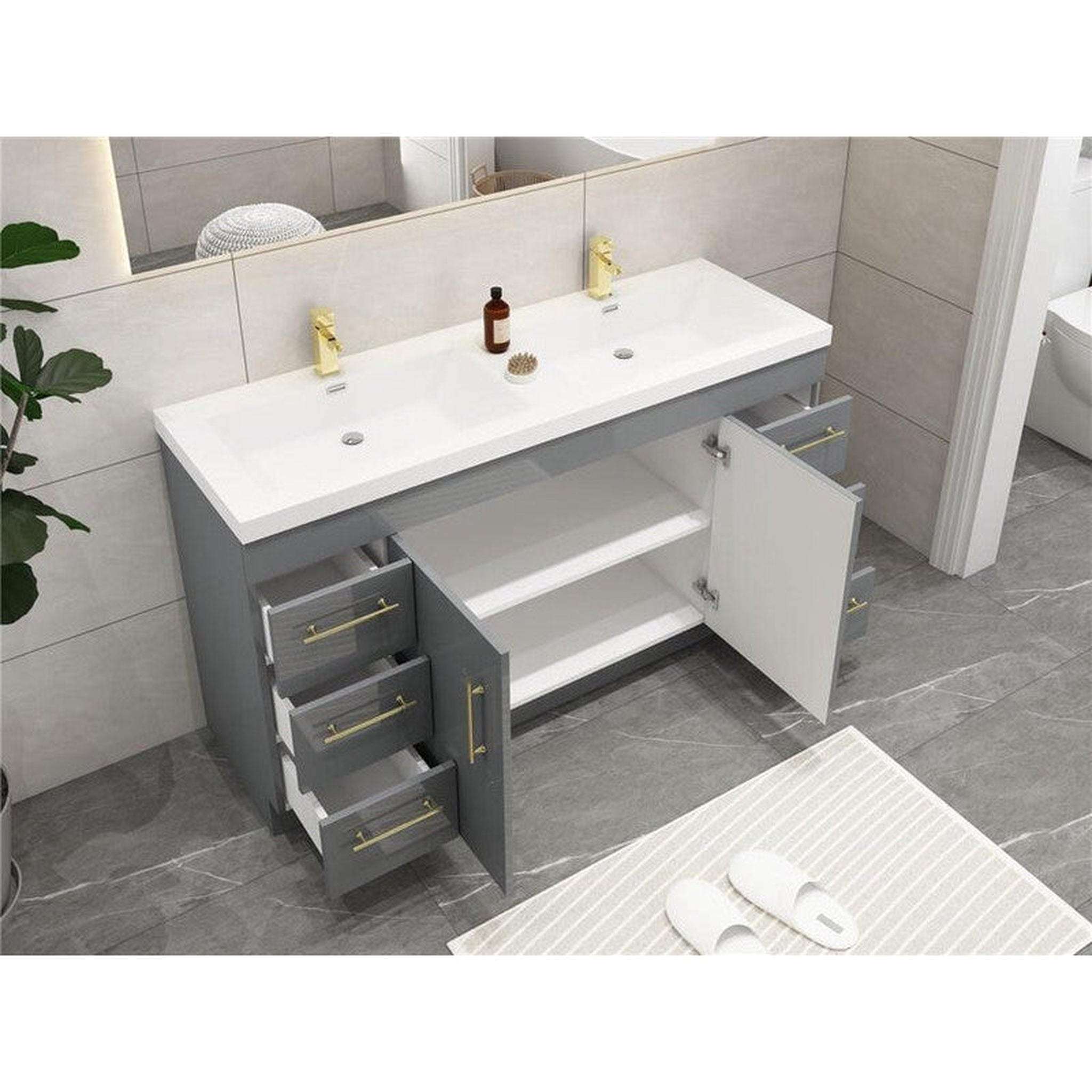 Elara 60&quot; High Gloss Gray Freestanding Vanity With Double Reinforced White Acrylic Sinks