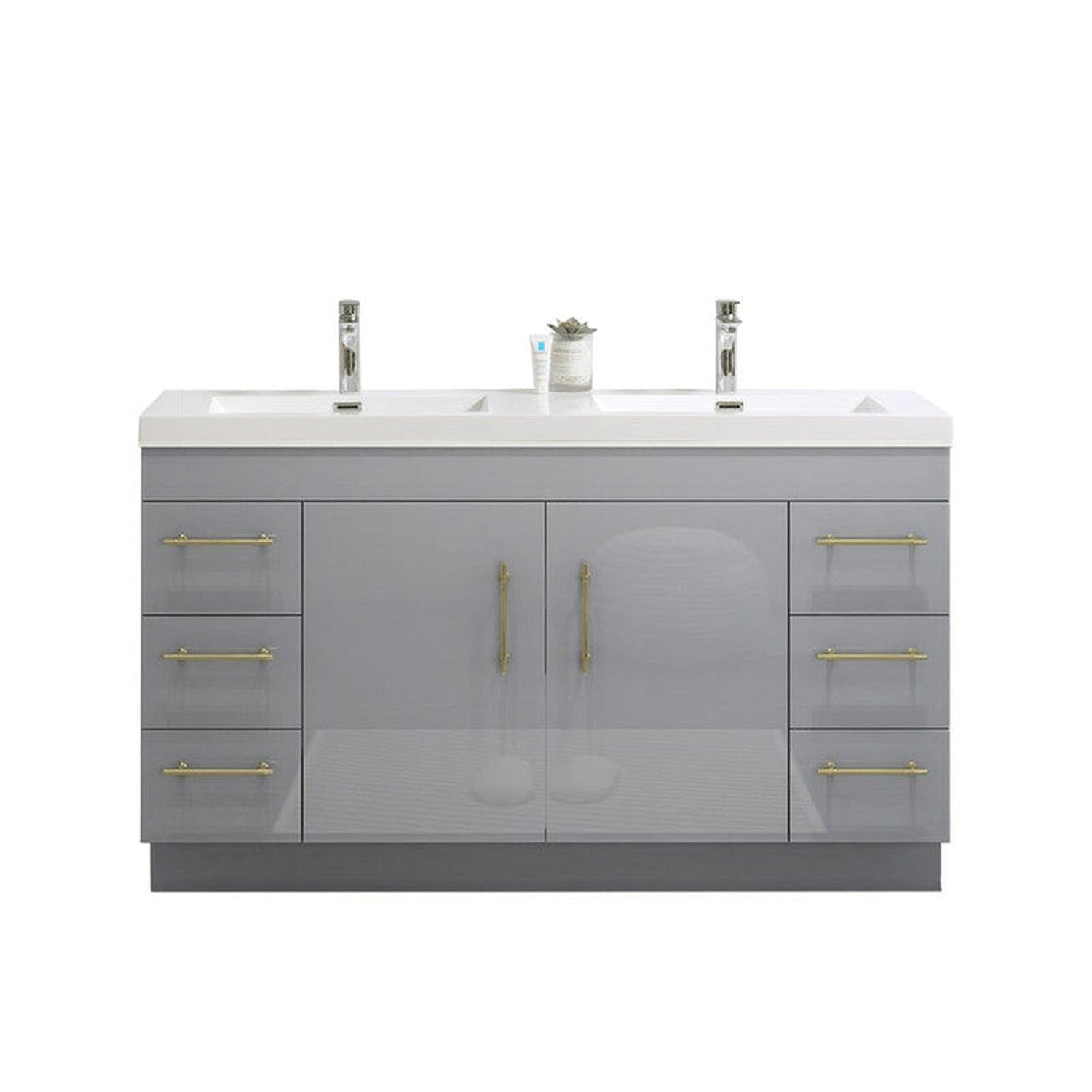 Elara 60&quot; High Gloss Gray Freestanding Vanity With Double Reinforced White Acrylic Sinks