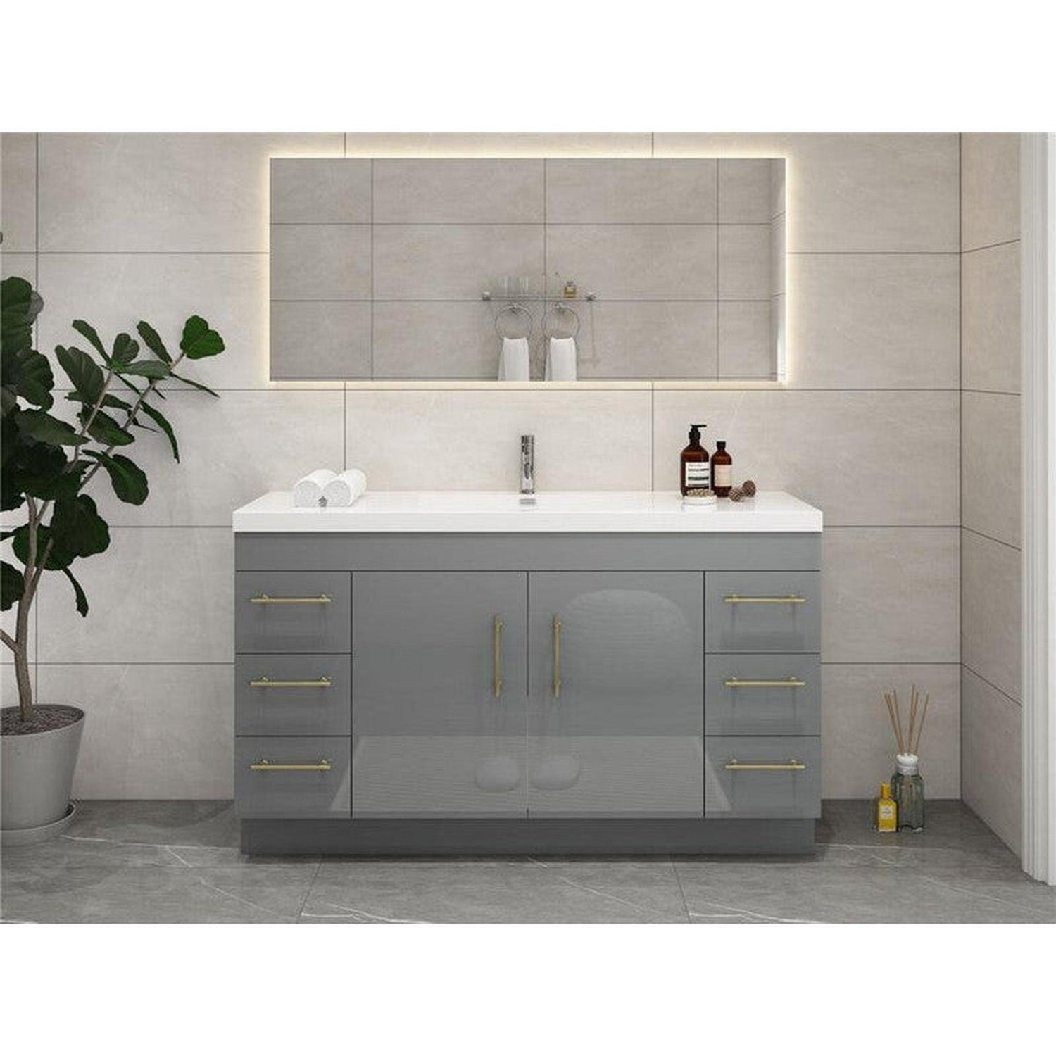 Elara 60&quot; High Gloss Gray Freestanding Vanity With Single Reinforced White Acrylic Sink