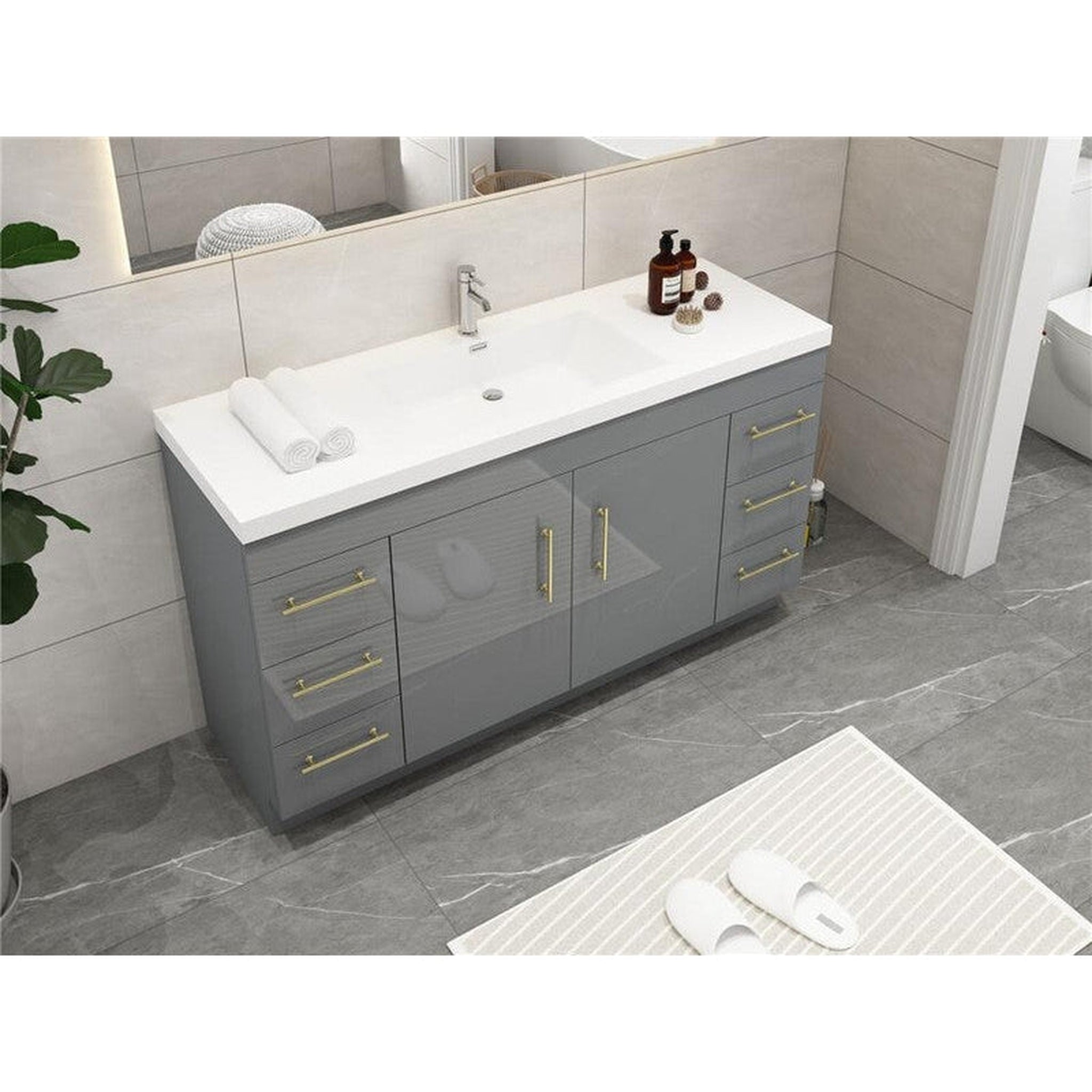 Elara 60&quot; High Gloss Gray Freestanding Vanity With Single Reinforced White Acrylic Sink