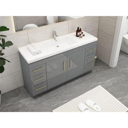 Elara 60&quot; High Gloss Gray Freestanding Vanity With Single Reinforced White Acrylic Sink