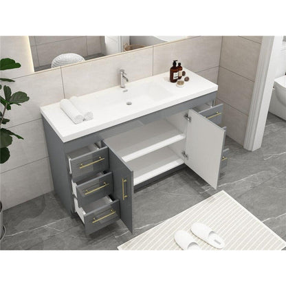 Elara 60&quot; High Gloss Gray Freestanding Vanity With Single Reinforced White Acrylic Sink