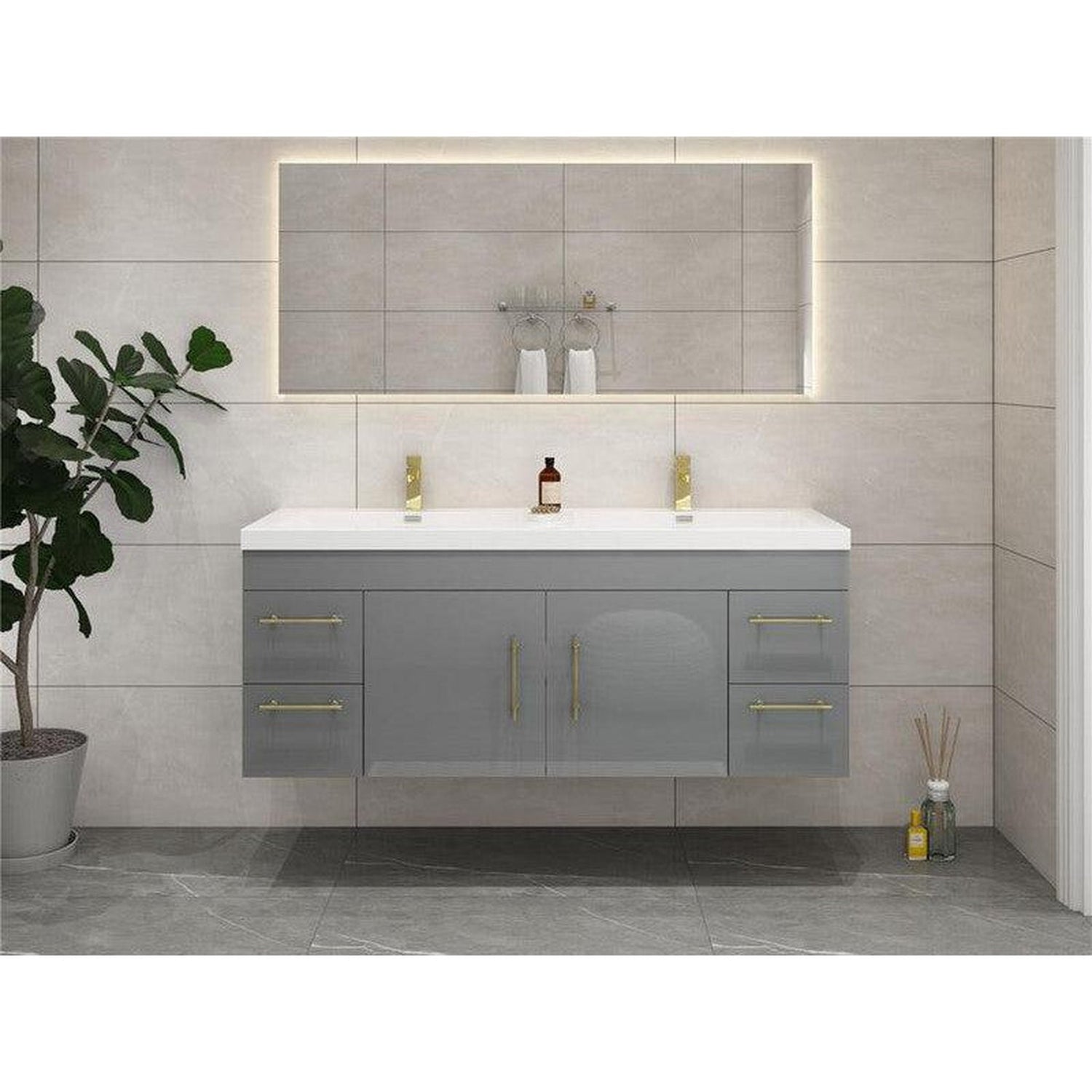 Elara 60&quot; High Gloss Gray Wall-Mounted Vanity With Double Reinforced White Acrylic Sinks