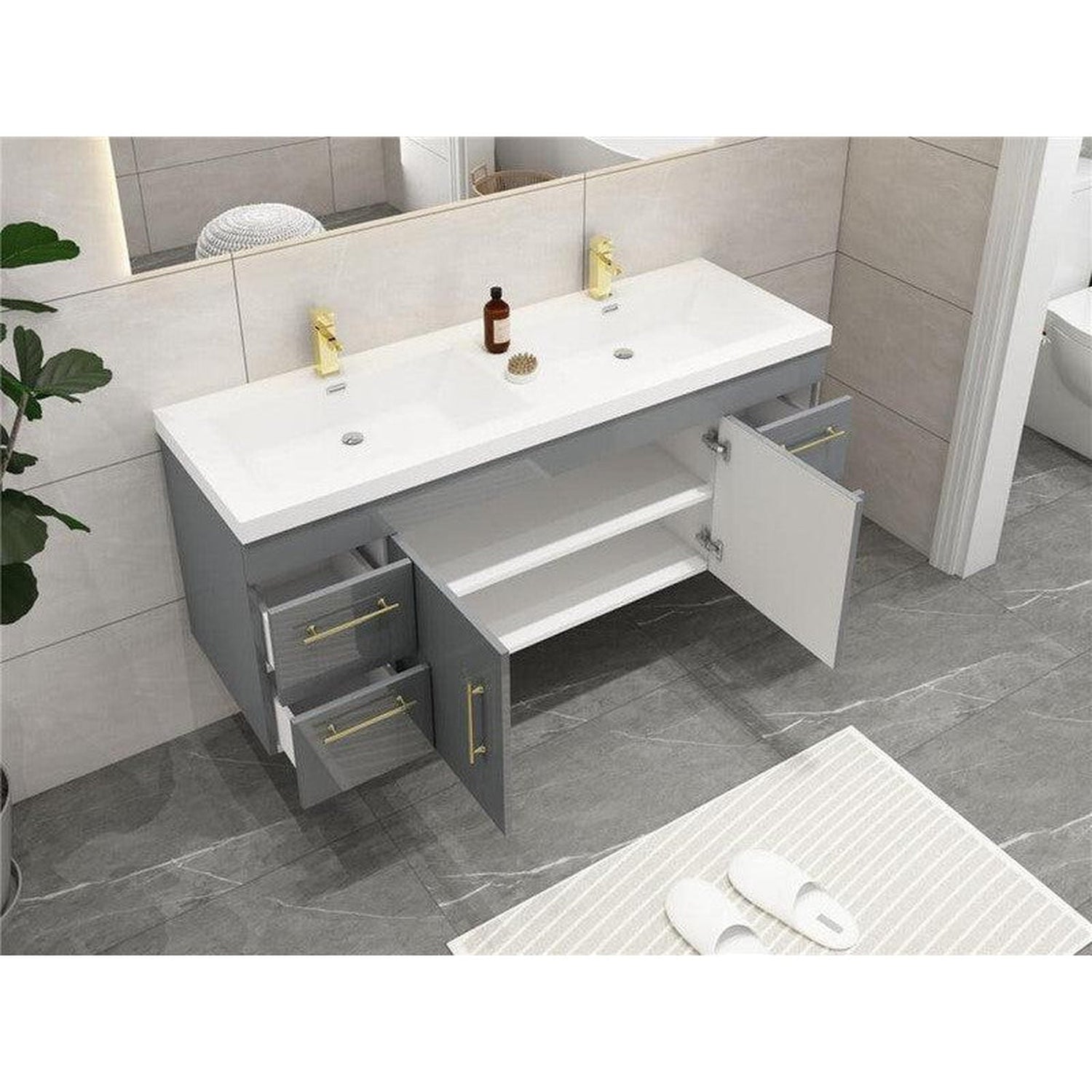 Elara 60&quot; High Gloss Gray Wall-Mounted Vanity With Double Reinforced White Acrylic Sinks