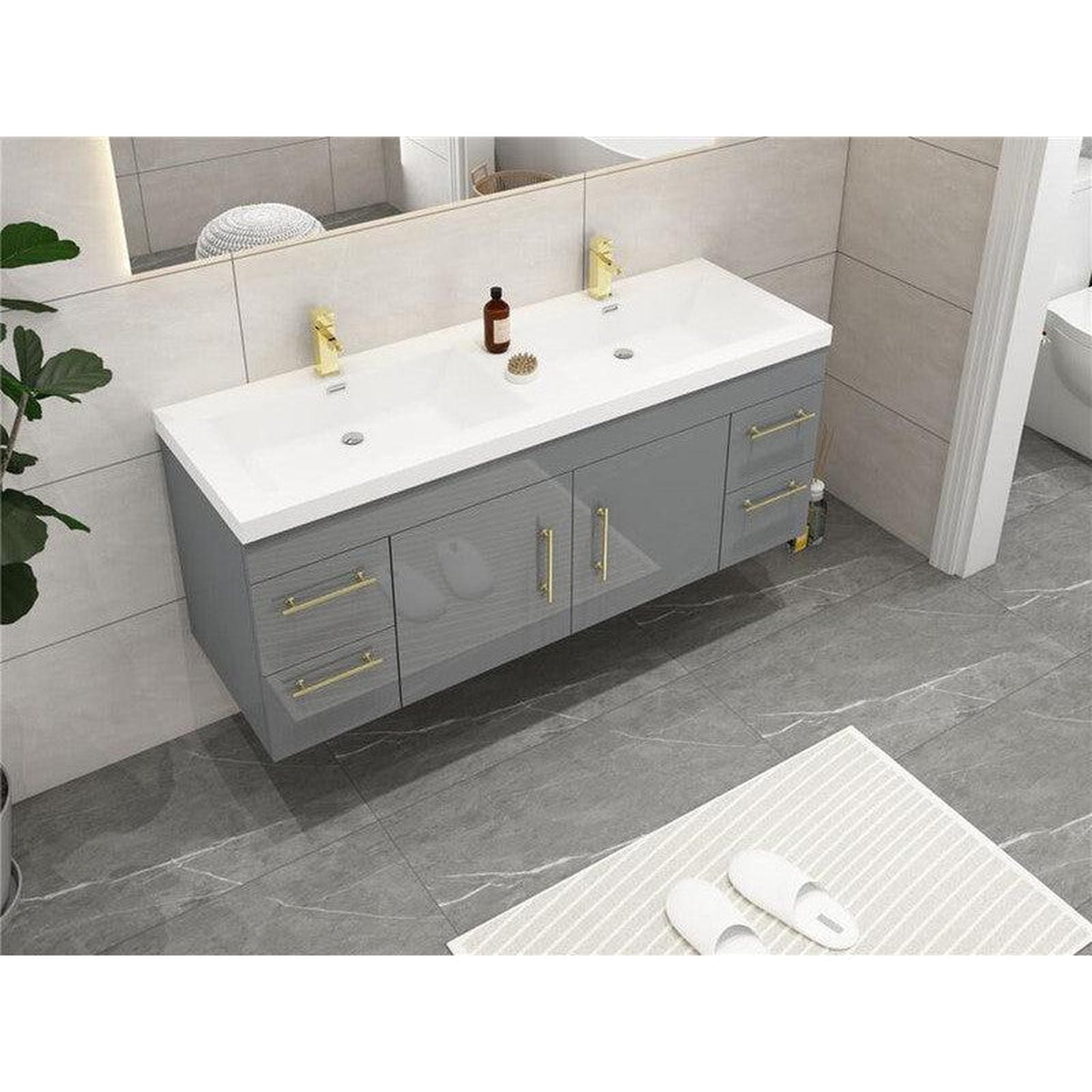 Elara 60&quot; High Gloss Gray Wall-Mounted Vanity With Double Reinforced White Acrylic Sinks