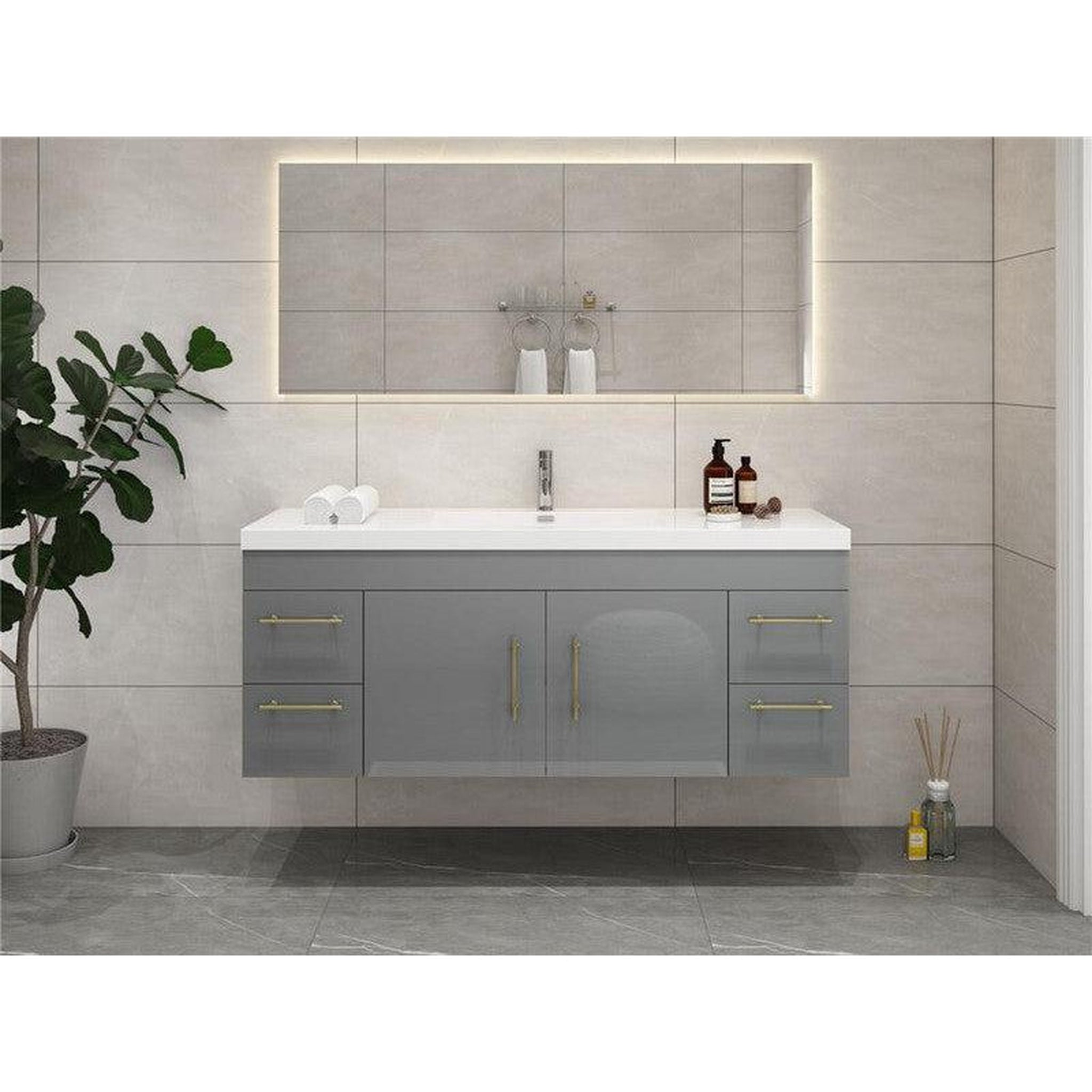 Elara 60&quot; High Gloss Gray Wall-Mounted Vanity With Single Reinforced White Acrylic Sink