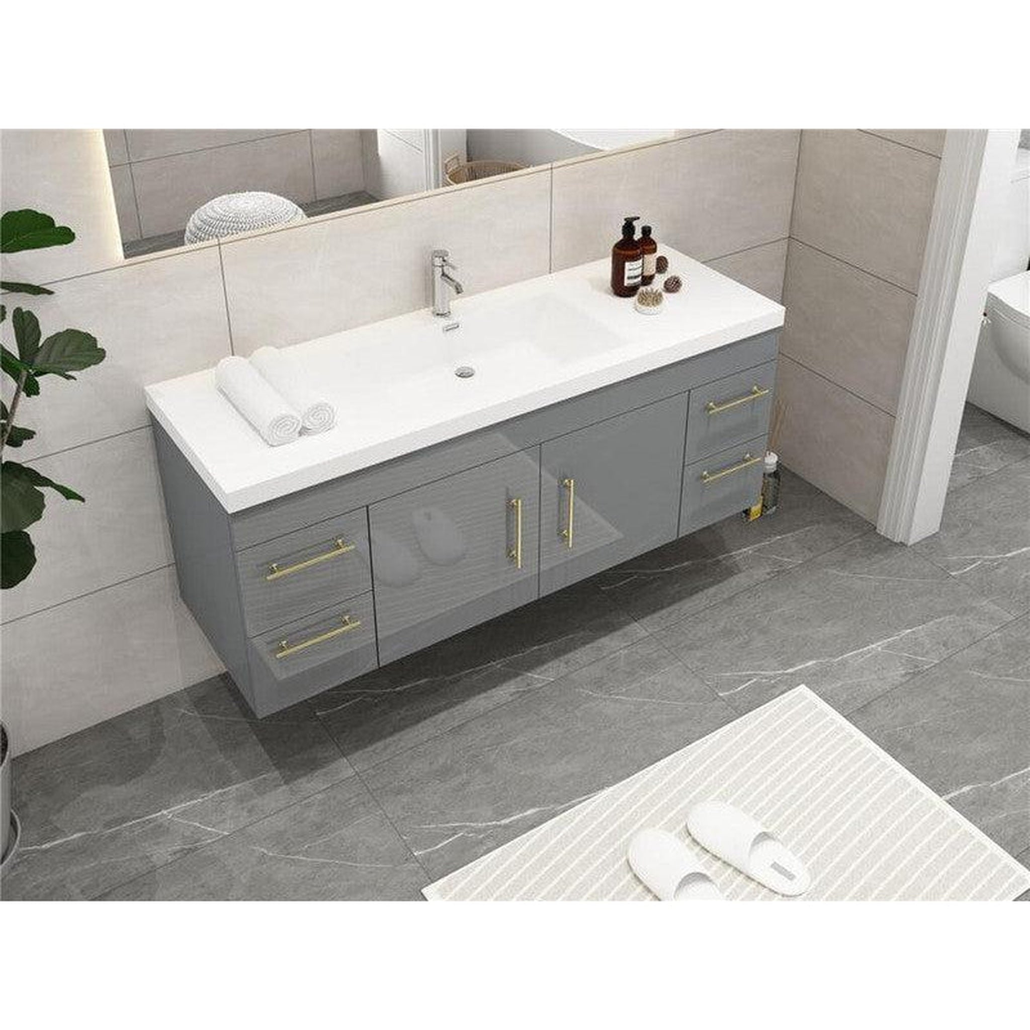 Elara 60&quot; High Gloss Gray Wall-Mounted Vanity With Single Reinforced White Acrylic Sink