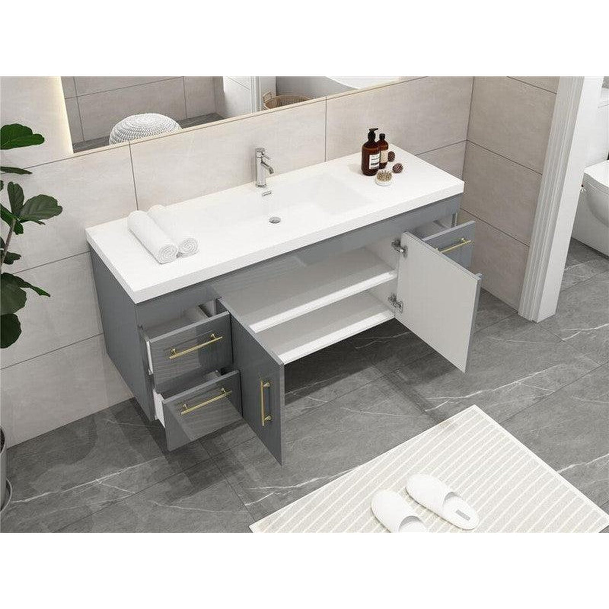 Elara 60&quot; High Gloss Gray Wall-Mounted Vanity With Single Reinforced White Acrylic Sink