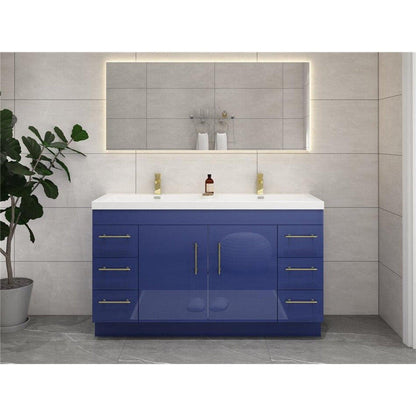 Elara 60&quot; High Gloss Night Blue Freestanding Vanity With Double Reinforced White Acrylic Sinks