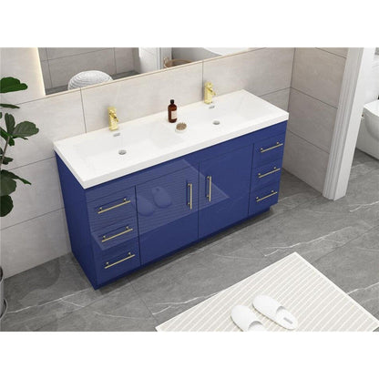 Elara 60&quot; High Gloss Night Blue Freestanding Vanity With Double Reinforced White Acrylic Sinks