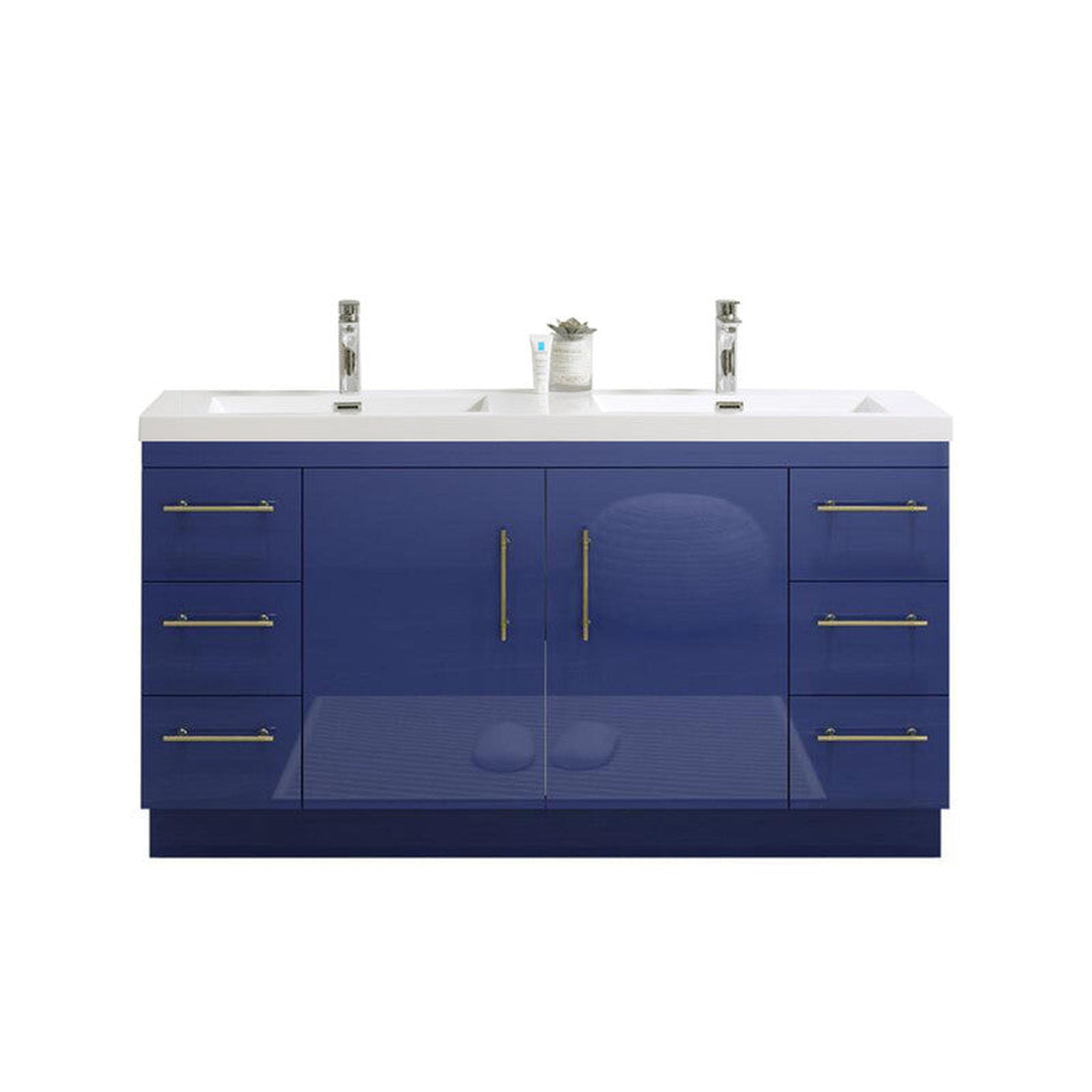 Elara 60&quot; High Gloss Night Blue Freestanding Vanity With Double Reinforced White Acrylic Sinks