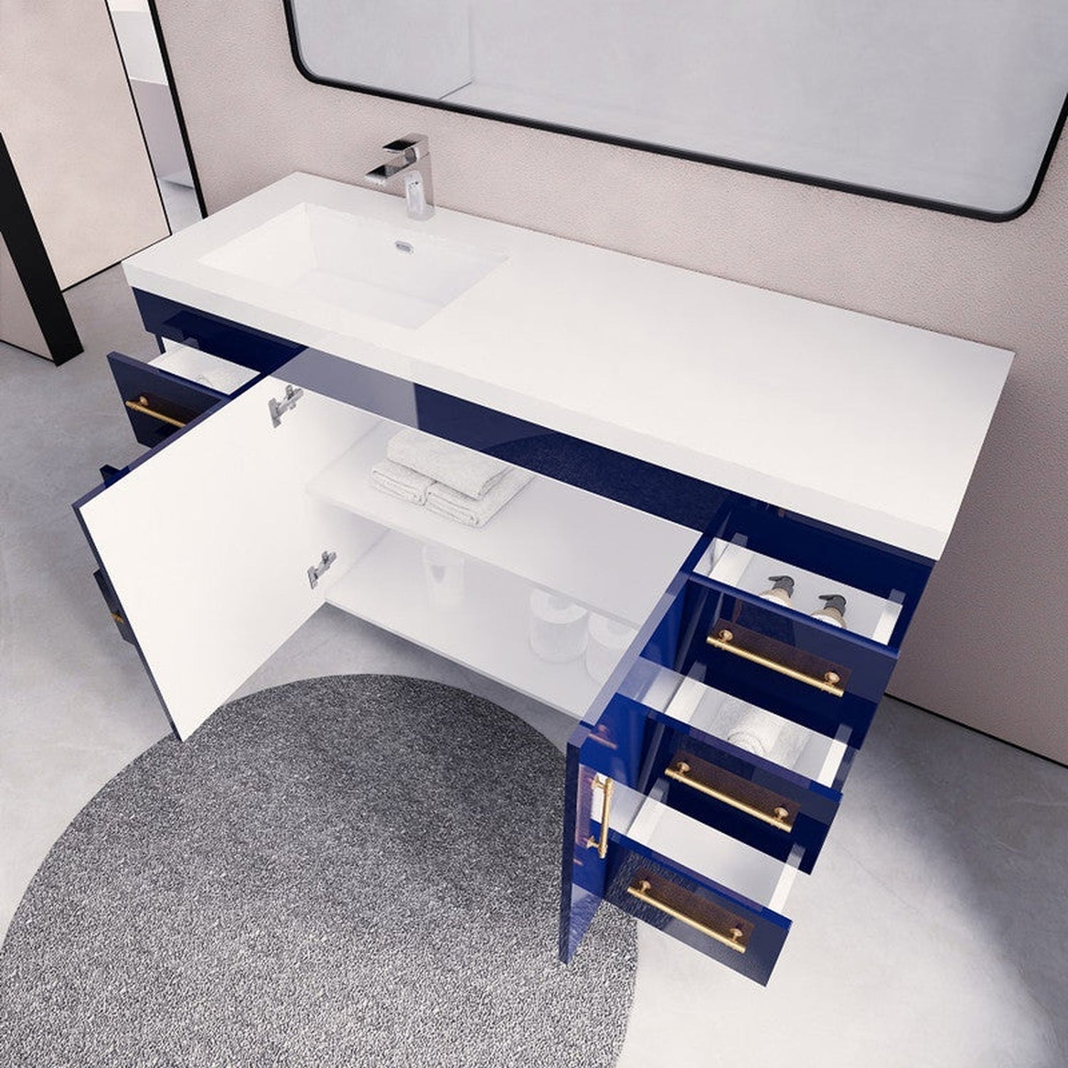 Elara 60&quot; High Gloss Night Blue Freestanding Vanity With Single Reinforced White Acrylic Left Side Sink