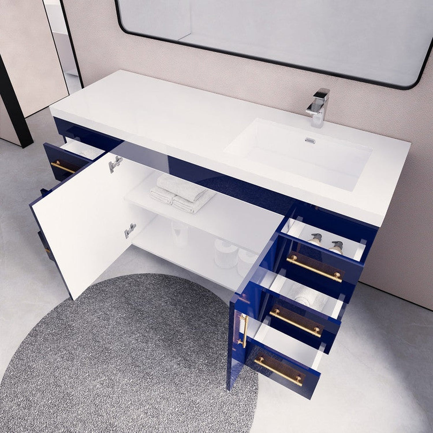 Elara 60&quot; High Gloss Night Blue Freestanding Vanity With Single Reinforced White Acrylic Right Side Sink