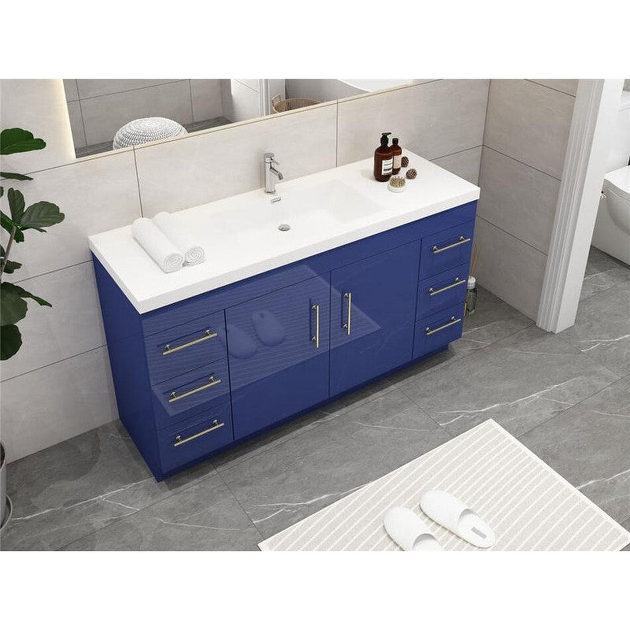 Elara 60&quot; High Gloss Night Blue Freestanding Vanity With Single Reinforced White Acrylic Sink