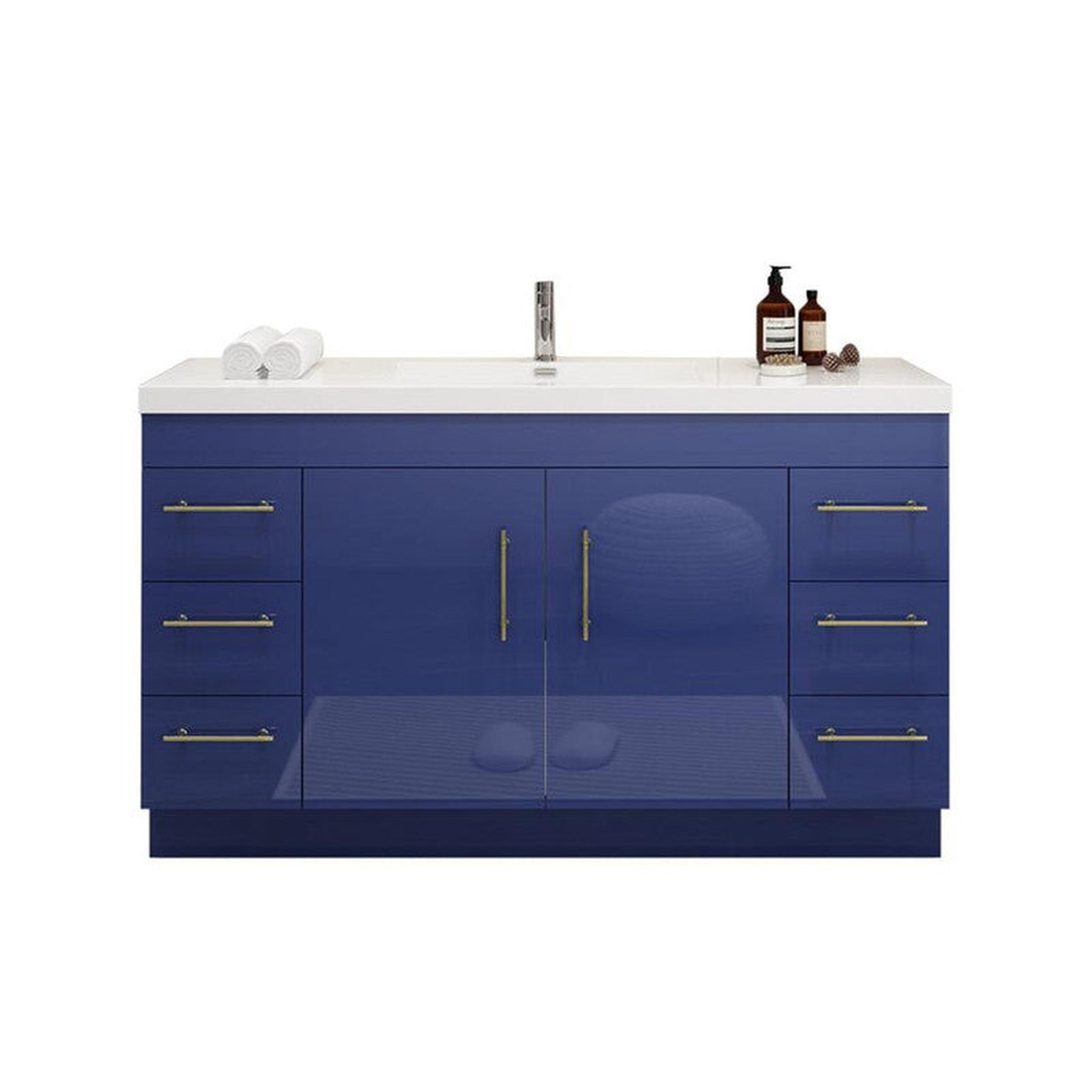 Elara 60&quot; High Gloss Night Blue Freestanding Vanity With Single Reinforced White Acrylic Sink