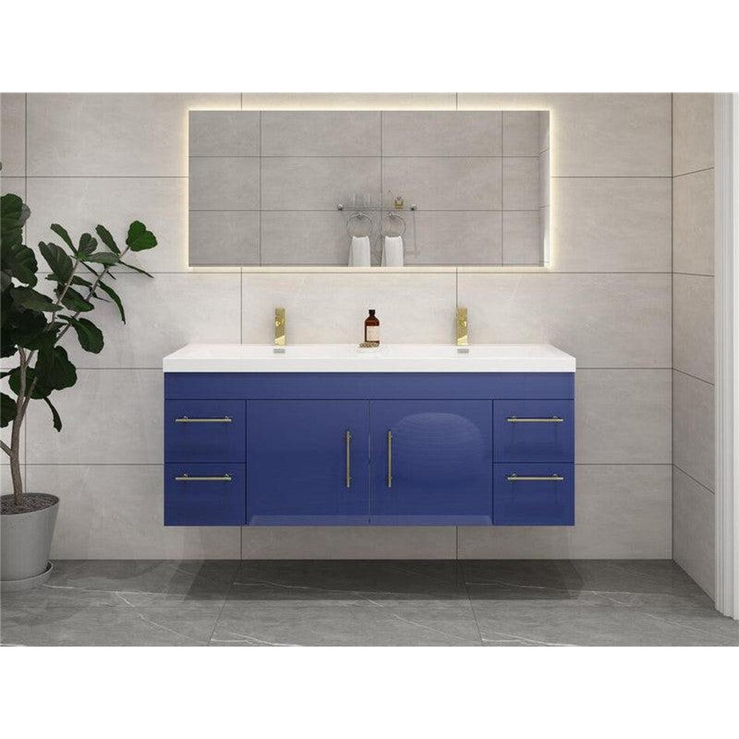 Elara 60&quot; High Gloss Night Blue Wall-Mounted Vanity With Double Reinforced White Acrylic Sinks