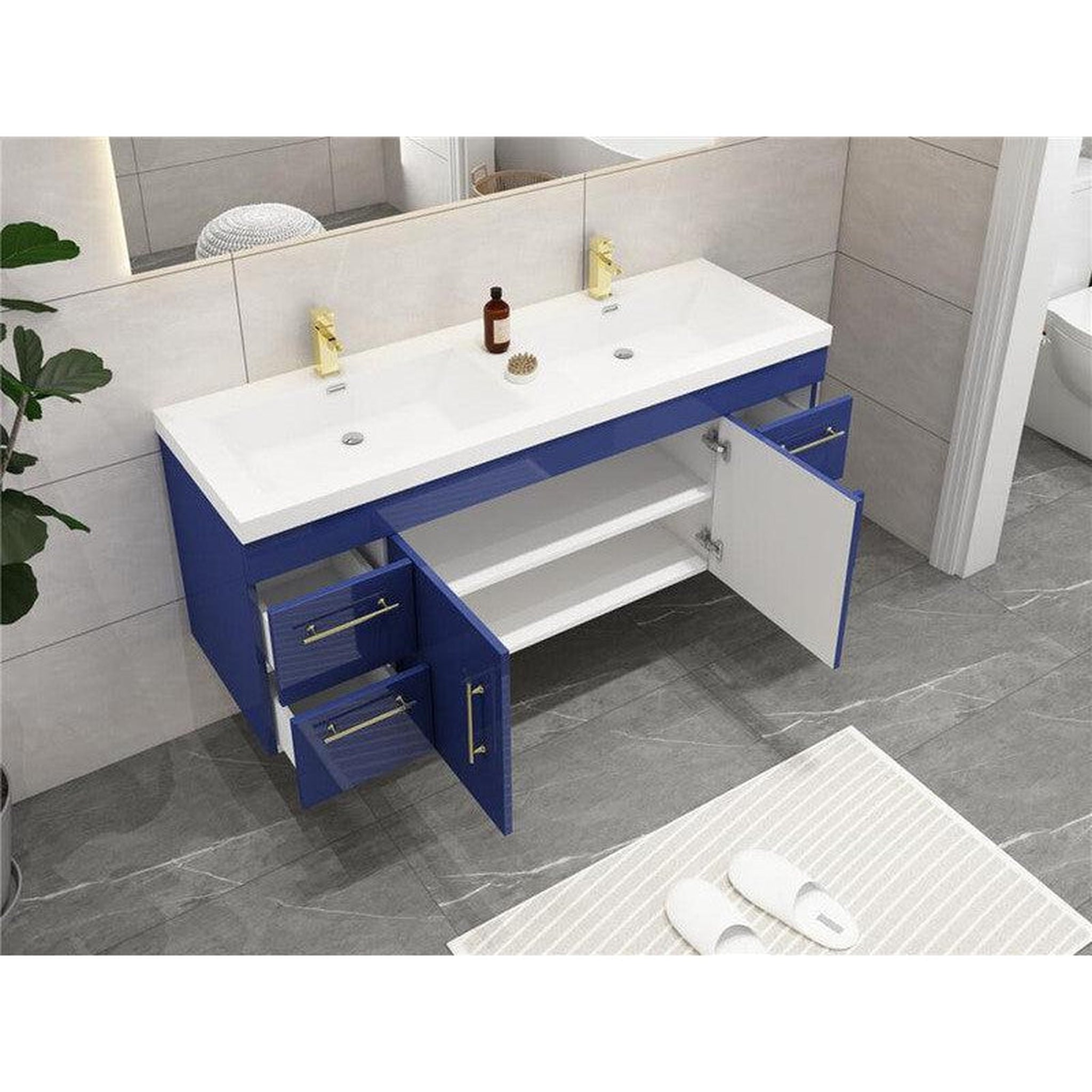 Elara 60&quot; High Gloss Night Blue Wall-Mounted Vanity With Double Reinforced White Acrylic Sinks