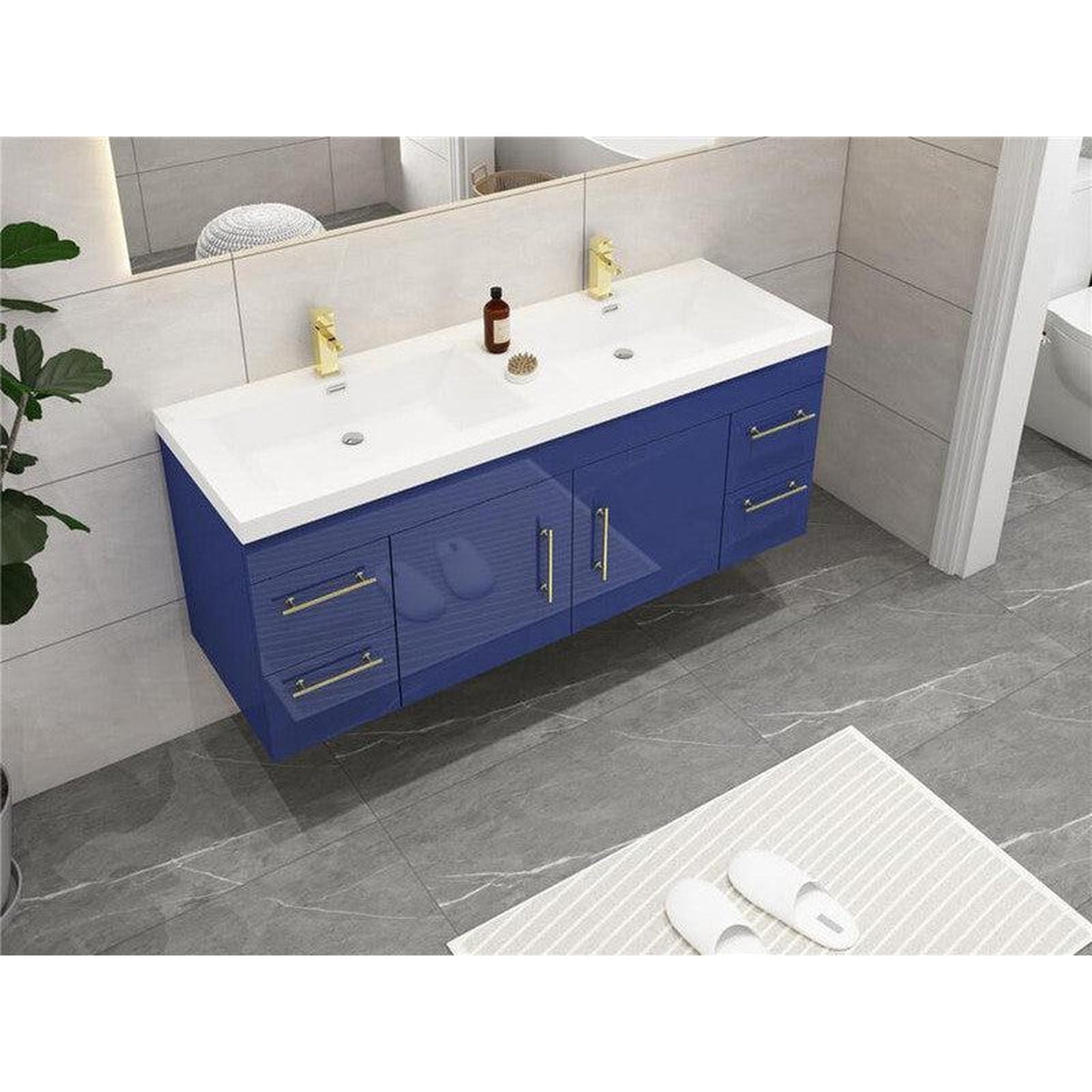 Elara 60&quot; High Gloss Night Blue Wall-Mounted Vanity With Double Reinforced White Acrylic Sinks