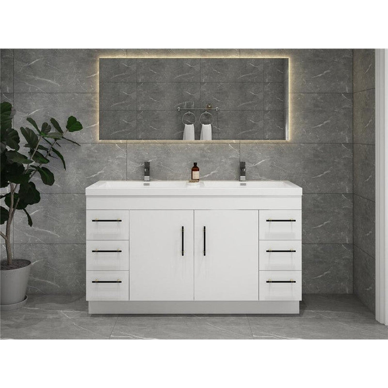 Elara 60&quot; High Gloss White Freestanding Vanity With Double Reinforced White Acrylic Sinks