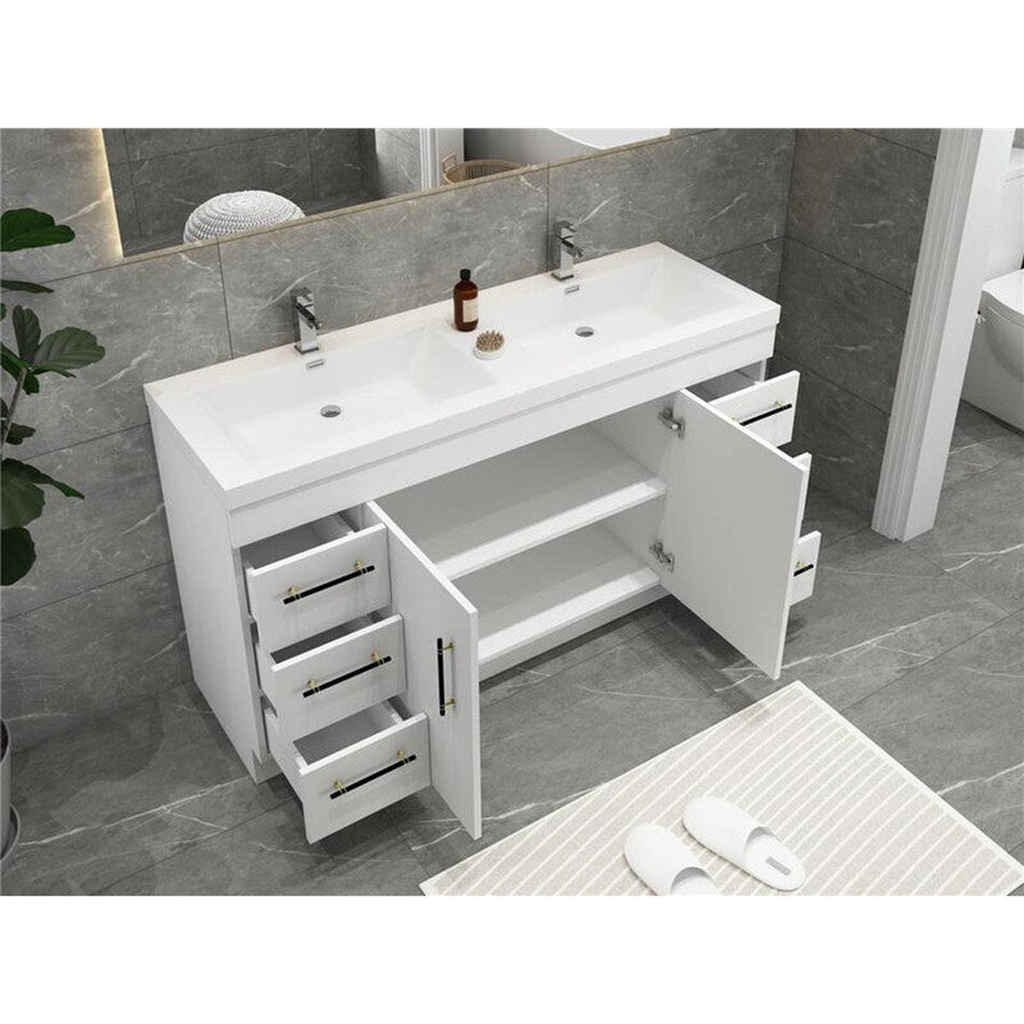 Elara 60&quot; High Gloss White Freestanding Vanity With Double Reinforced White Acrylic Sinks