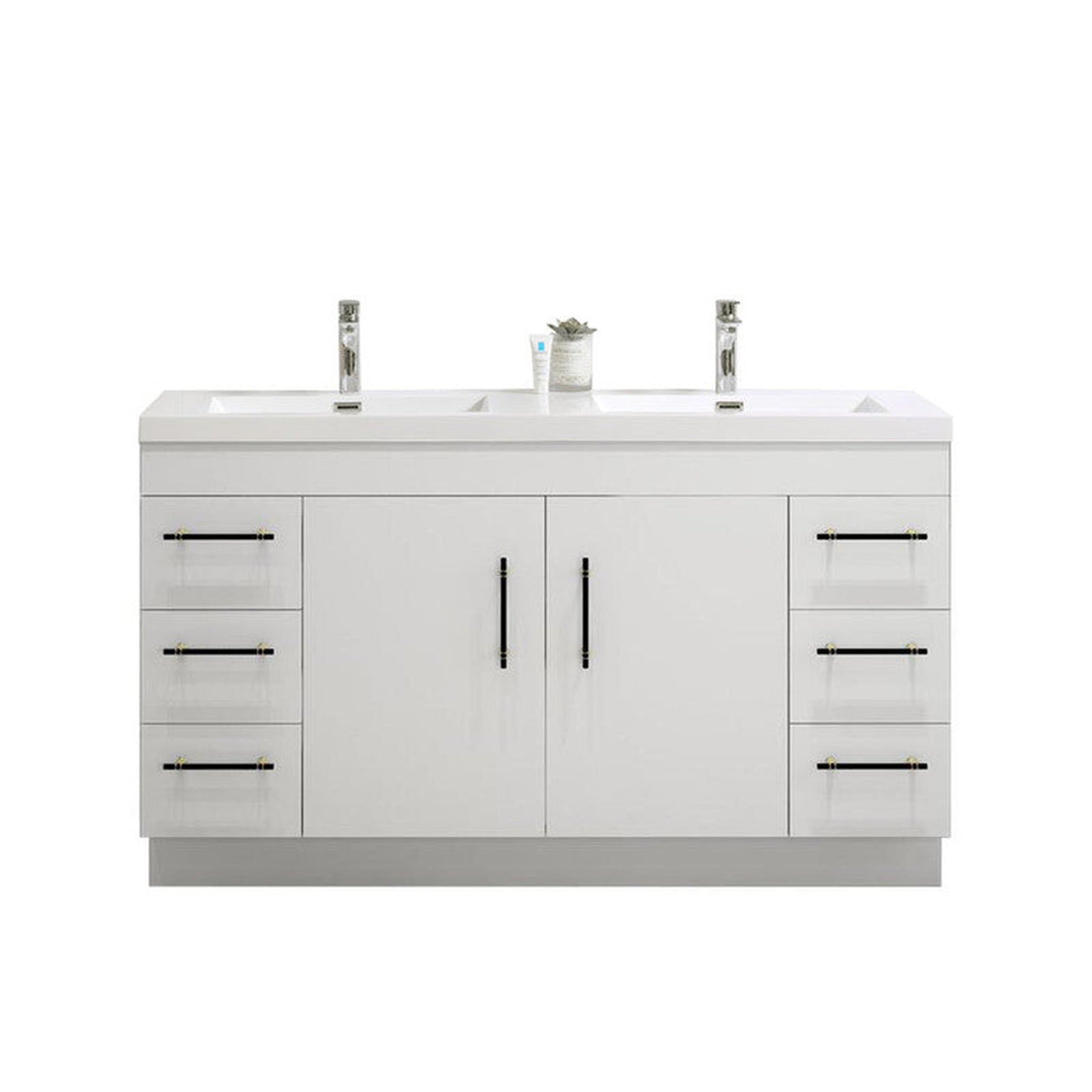 Elara 60&quot; High Gloss White Freestanding Vanity With Double Reinforced White Acrylic Sinks