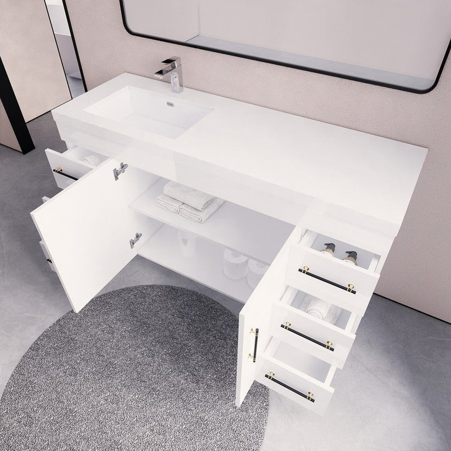 Elara 60&quot; High Gloss White Freestanding Vanity With Single Reinforced White Acrylic Left Side Sink