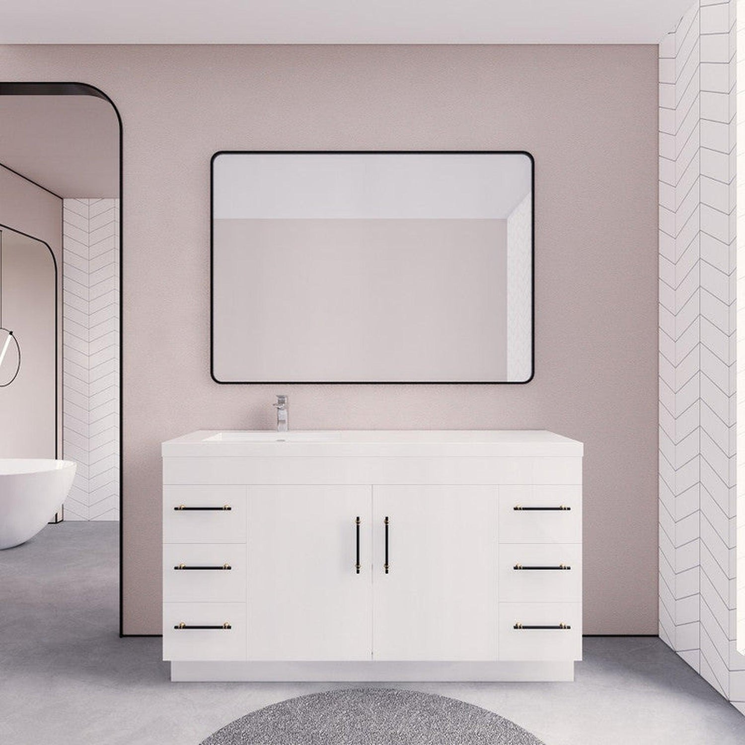 Elara 60&quot; High Gloss White Freestanding Vanity With Single Reinforced White Acrylic Left Side Sink