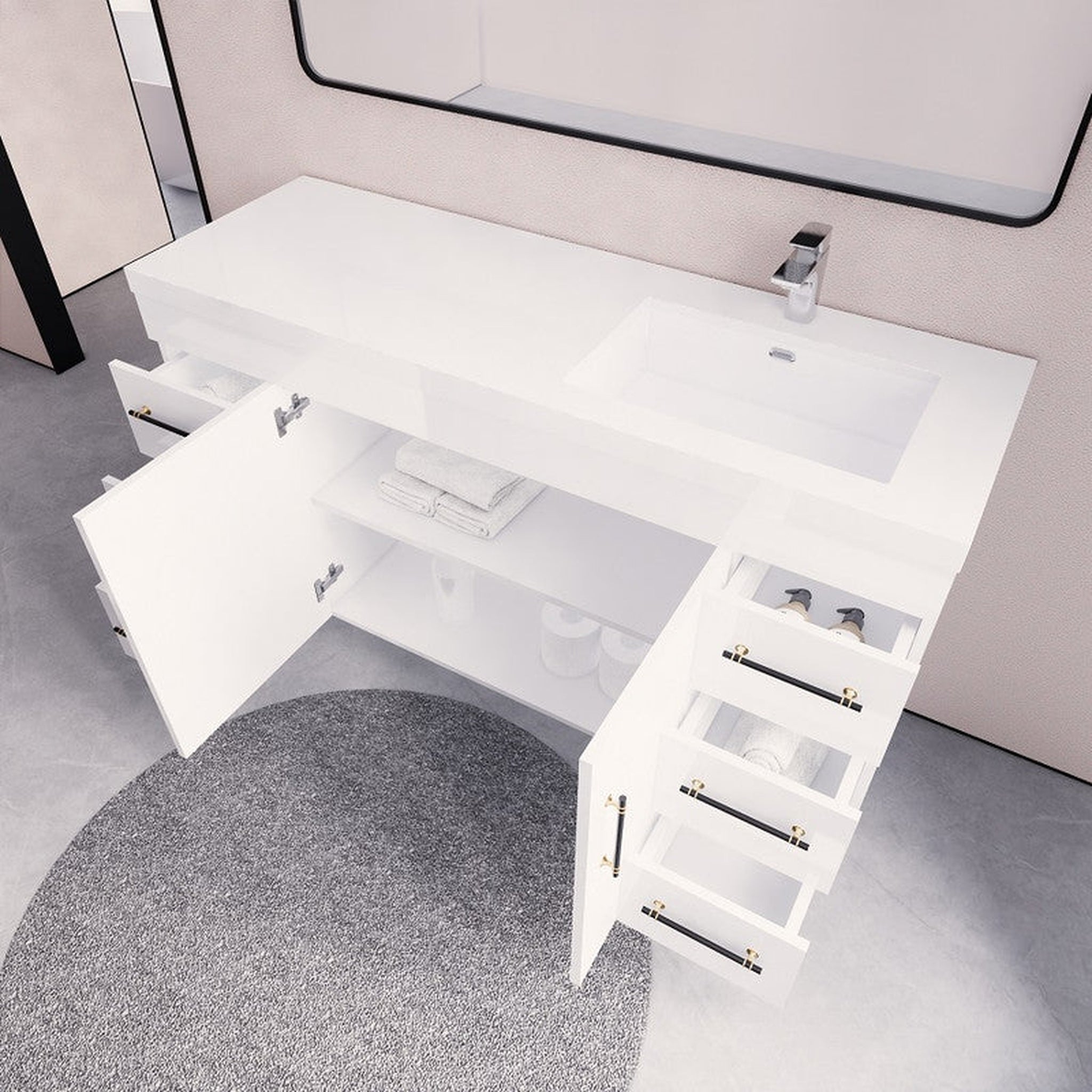 Elara 60&quot; High Gloss White Freestanding Vanity With Single Reinforced White Acrylic Right Side Sink