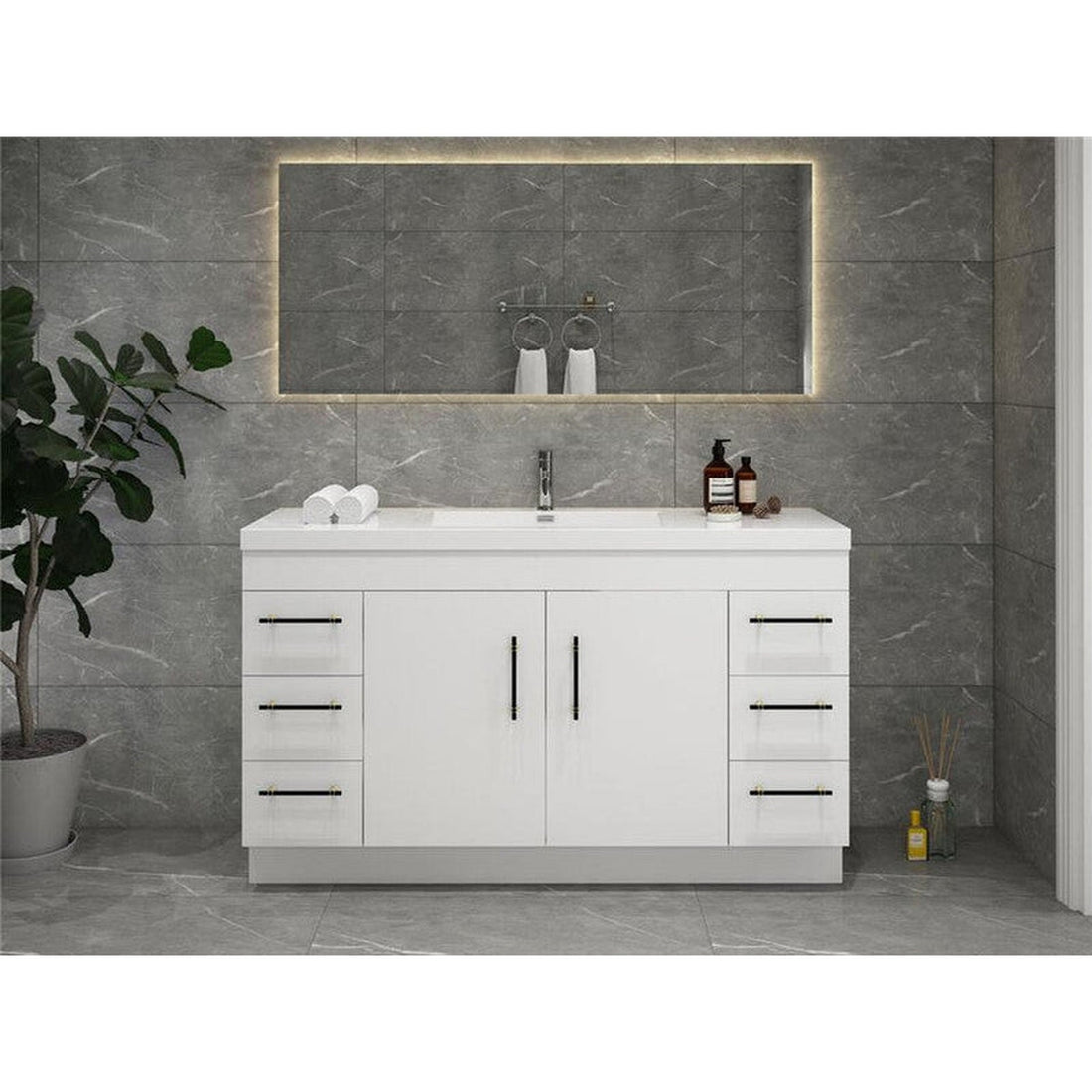 Elara 60&quot; High Gloss White Freestanding Vanity With Single Reinforced White Acrylic Sink