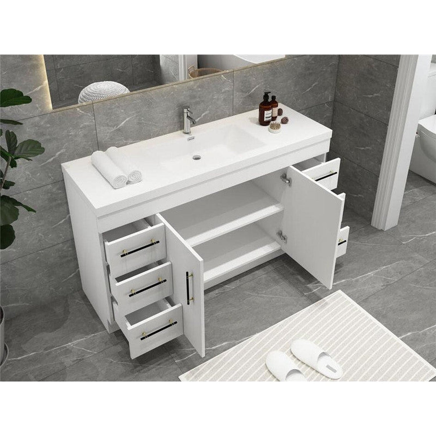 Elara 60&quot; High Gloss White Freestanding Vanity With Single Reinforced White Acrylic Sink