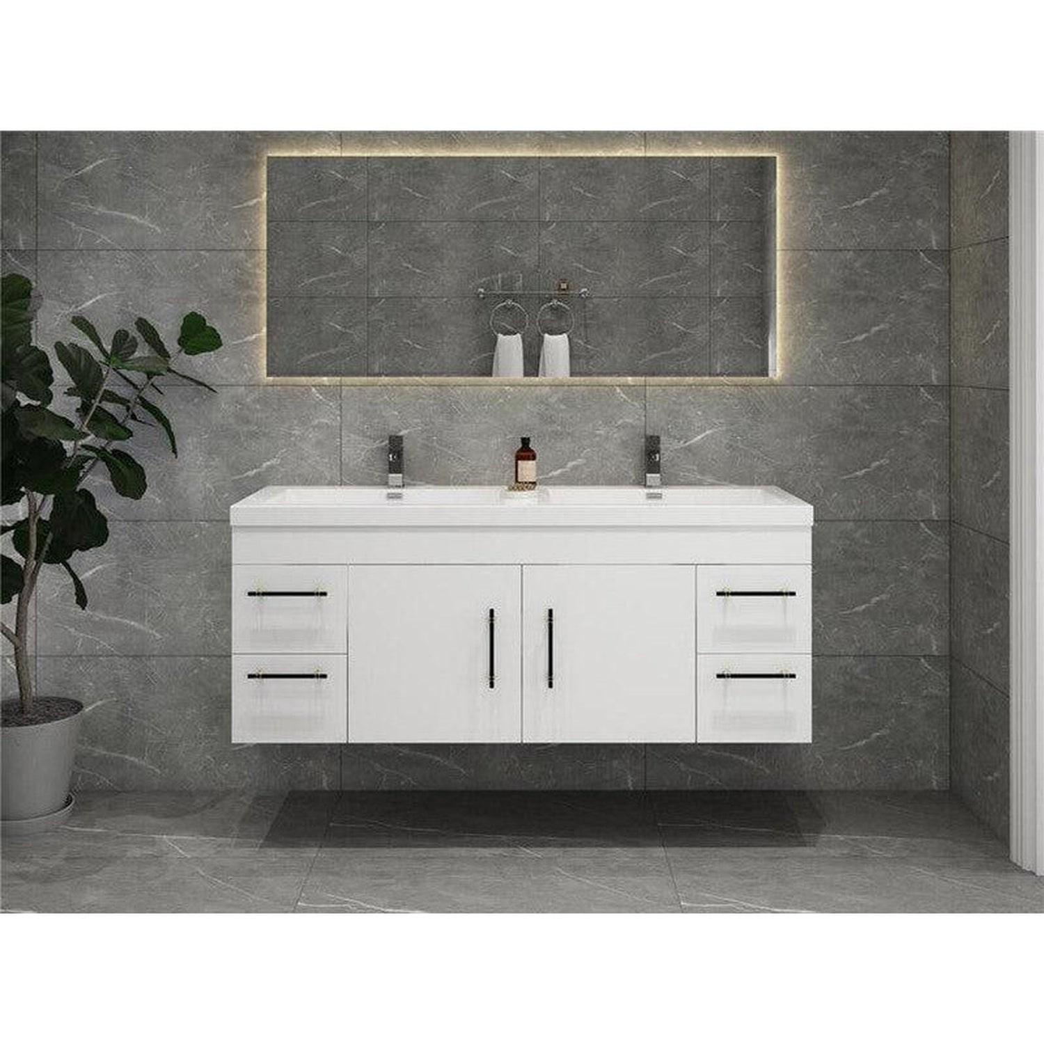 Elara 60&quot; High Gloss White Wall-Mounted Vanity With Double Reinforced White Acrylic Sinks