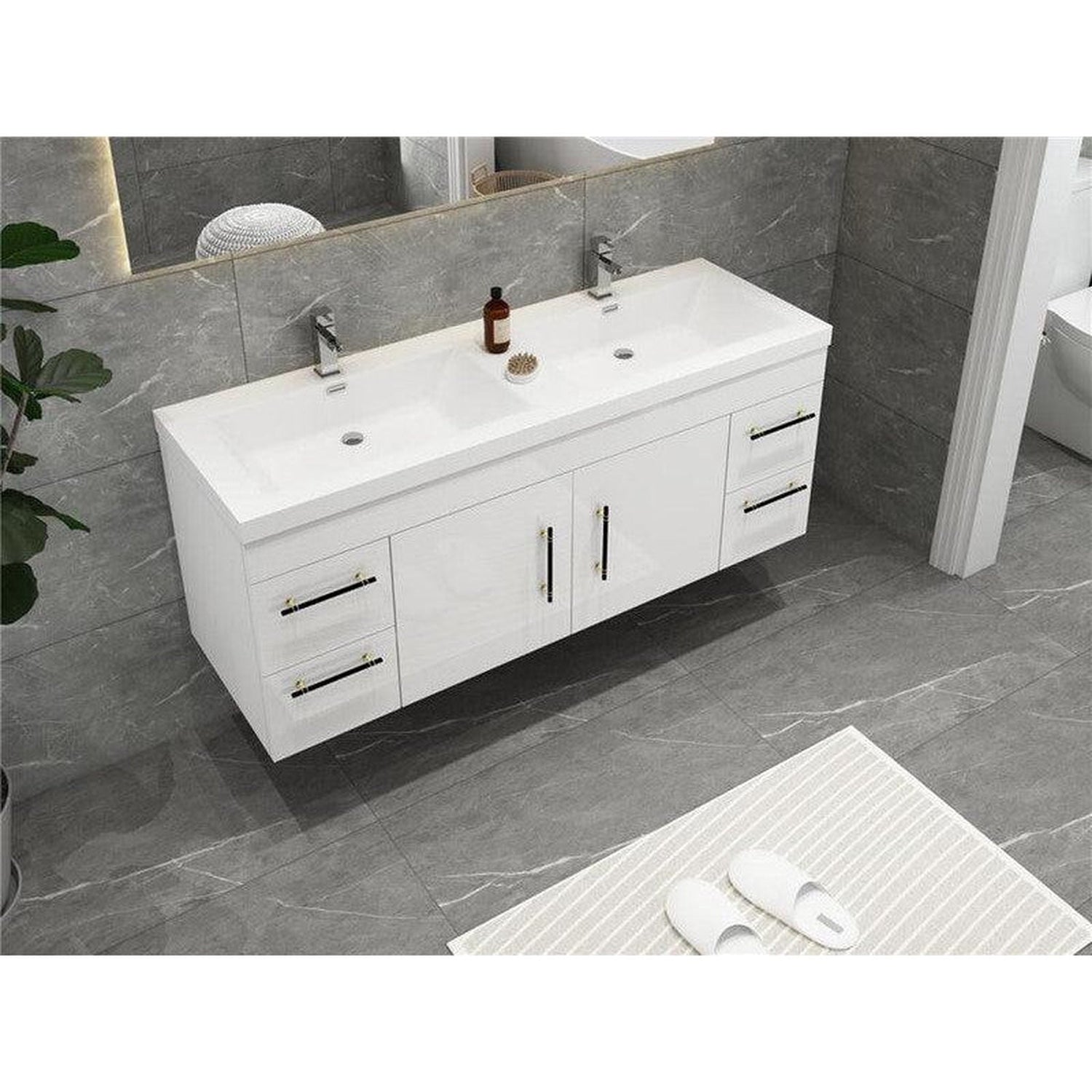 Elara 60&quot; High Gloss White Wall-Mounted Vanity With Double Reinforced White Acrylic Sinks