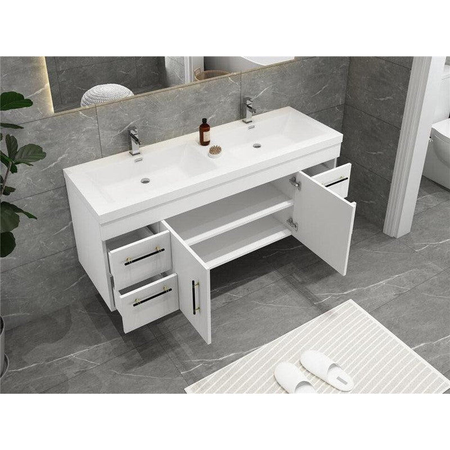 Elara 60&quot; High Gloss White Wall-Mounted Vanity With Double Reinforced White Acrylic Sinks