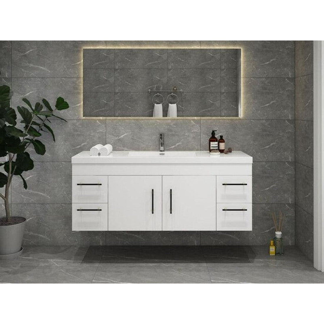 Elara 60&quot; High Gloss White Wall-Mounted Vanity With Single Reinforced White Acrylic Sink