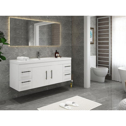 Elara 60&quot; High Gloss White Wall-Mounted Vanity With Single Reinforced White Acrylic Sink