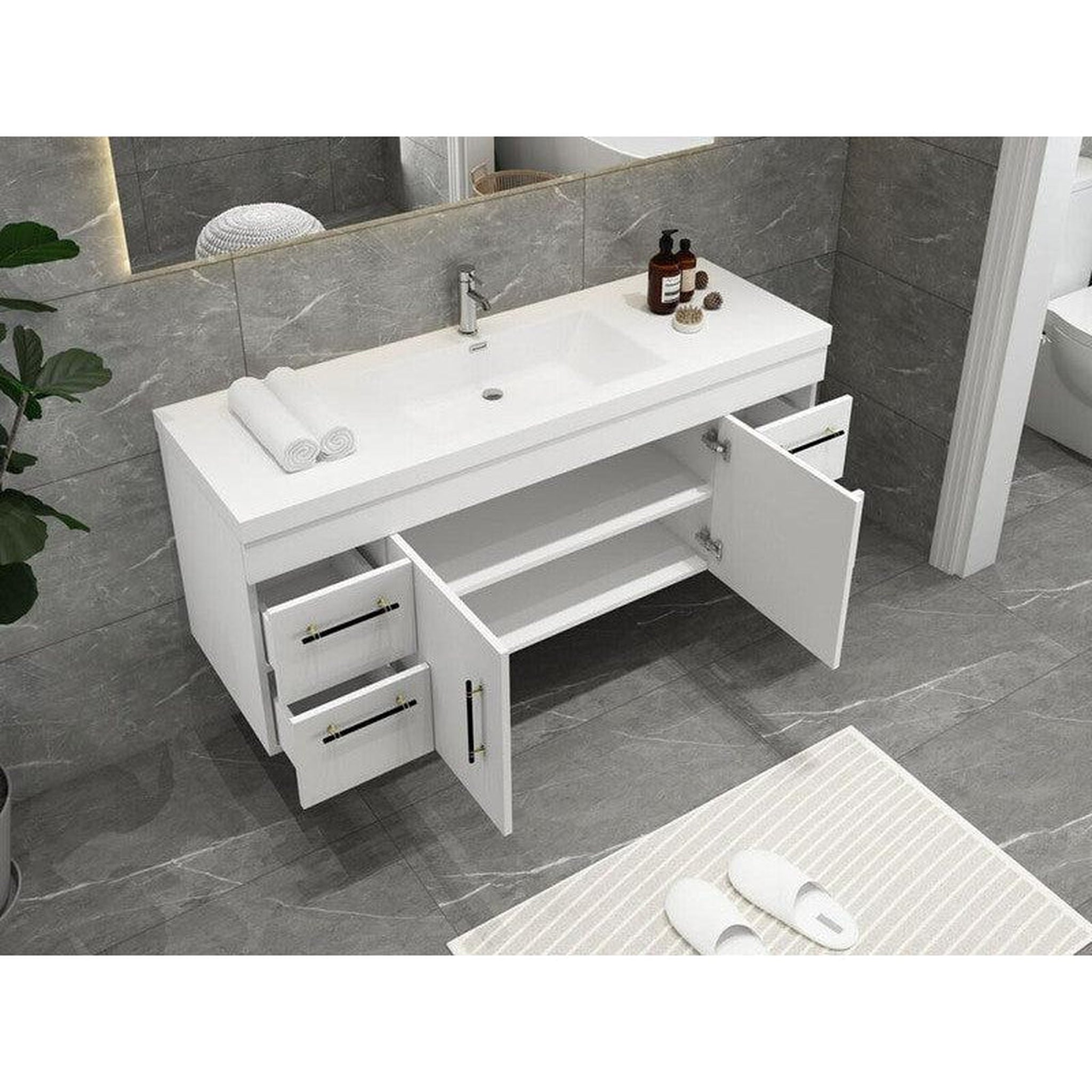 Elara 60&quot; High Gloss White Wall-Mounted Vanity With Single Reinforced White Acrylic Sink