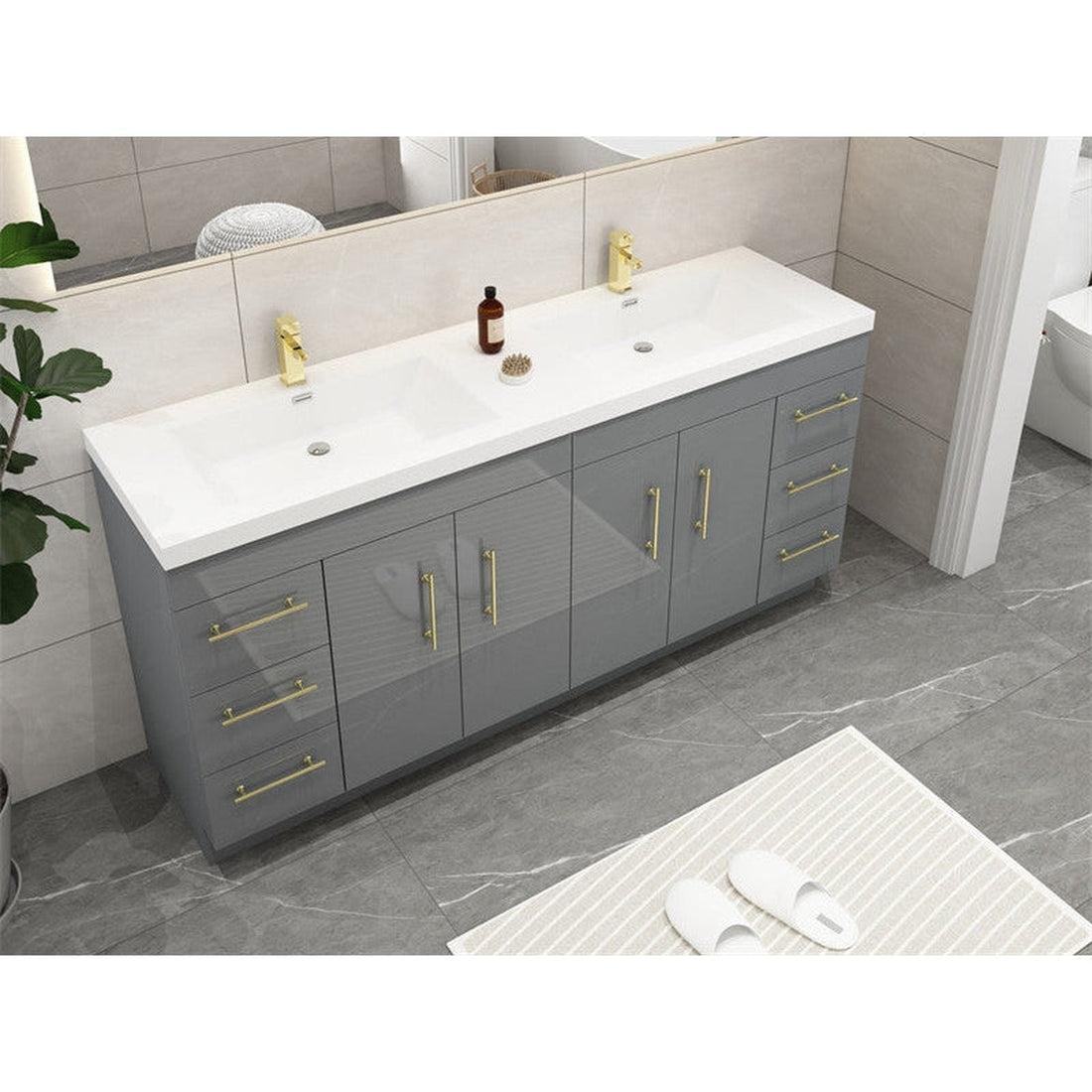 Elara 72&quot; High Gloss Gray Freestanding Vanity With Double Reinforced White Acrylic Sinks