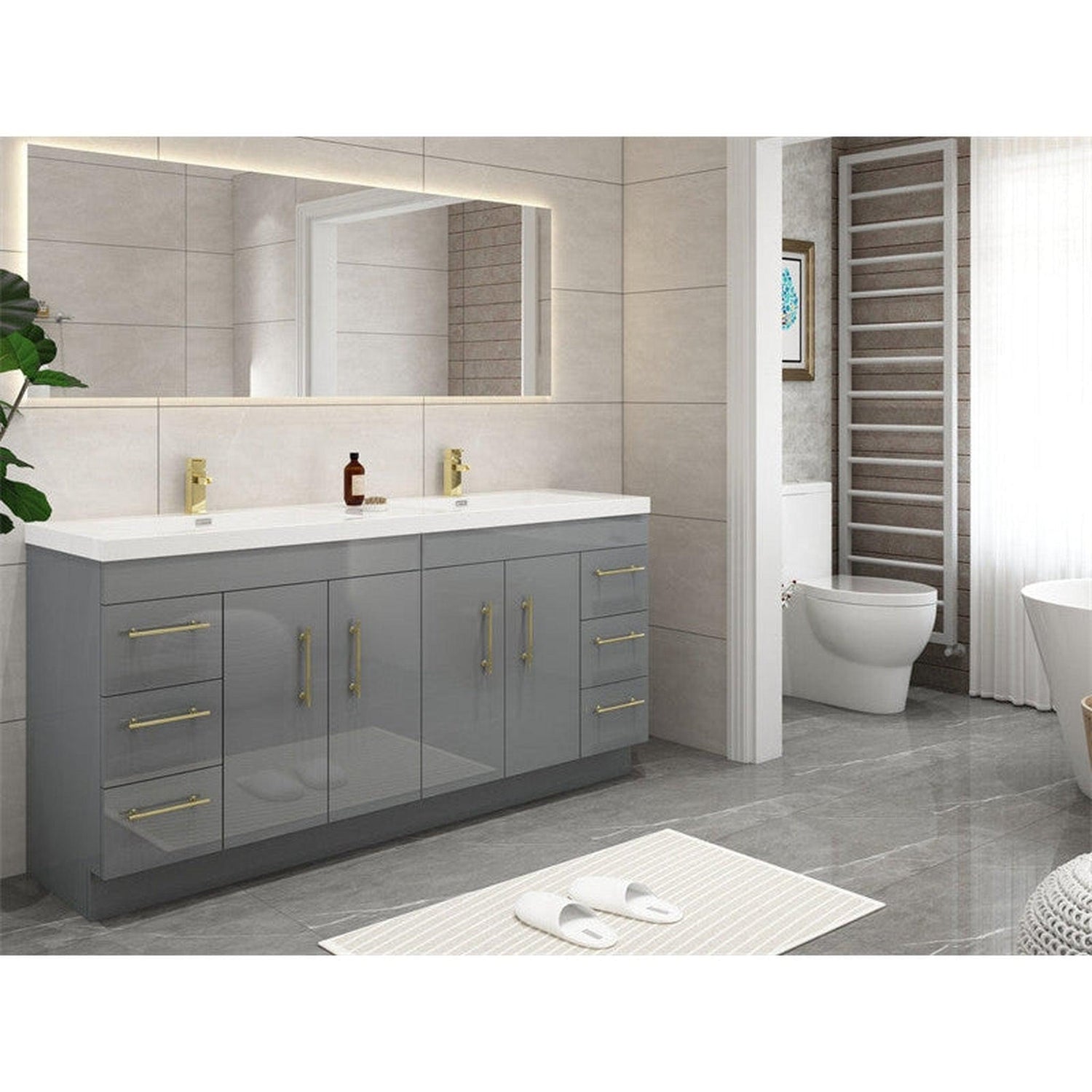 Elara 72&quot; High Gloss Gray Freestanding Vanity With Double Reinforced White Acrylic Sinks