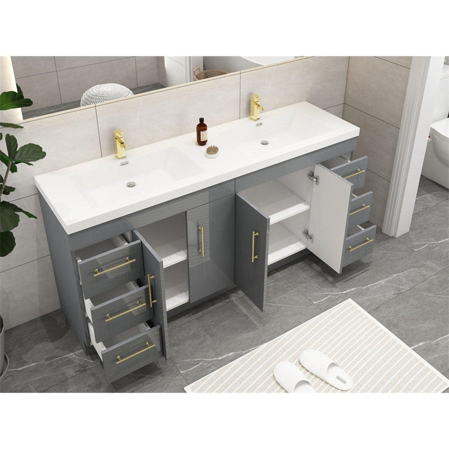 Elara 72&quot; High Gloss Gray Freestanding Vanity With Double Reinforced White Acrylic Sinks