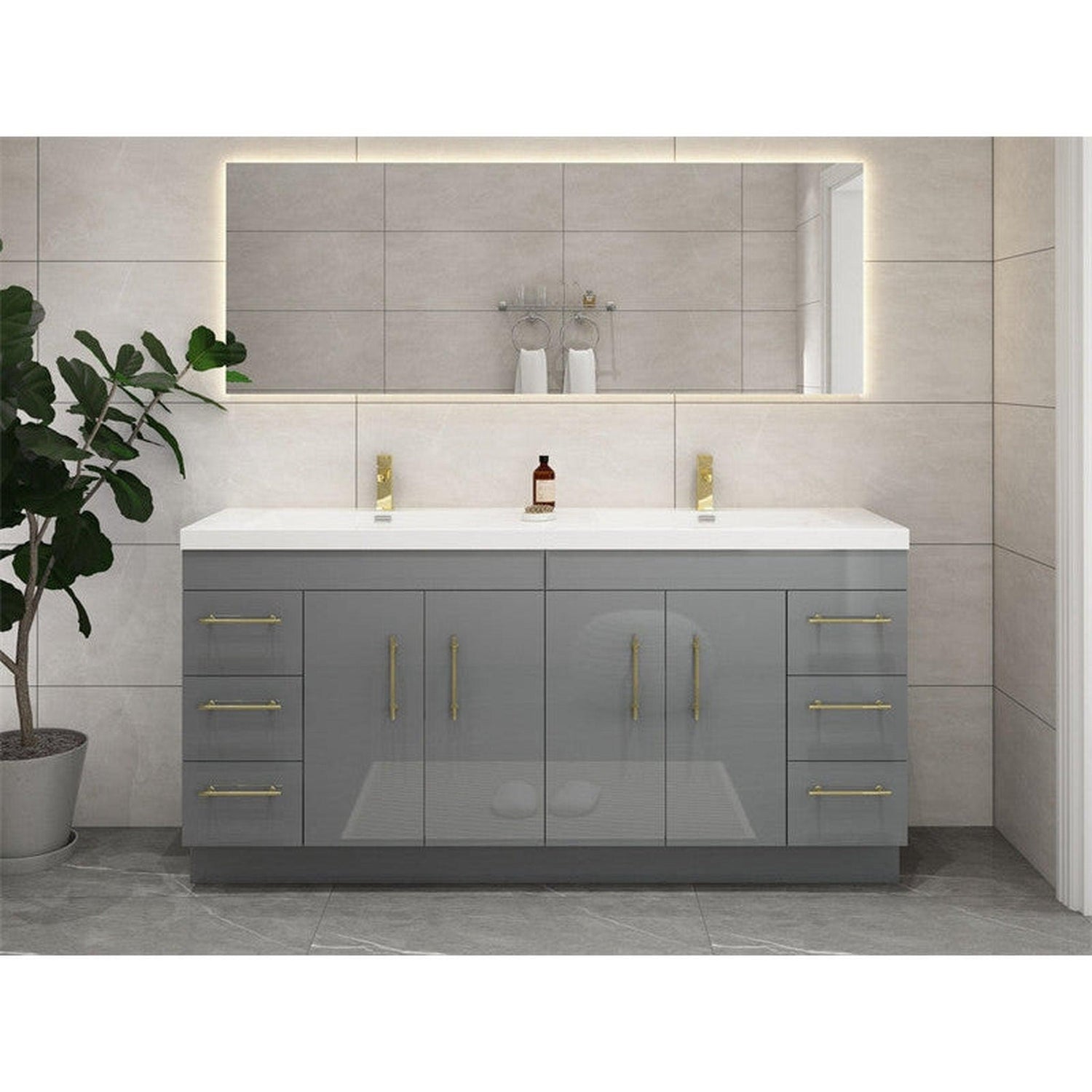 Elara 72&quot; High Gloss Gray Freestanding Vanity With Double Reinforced White Acrylic Sinks