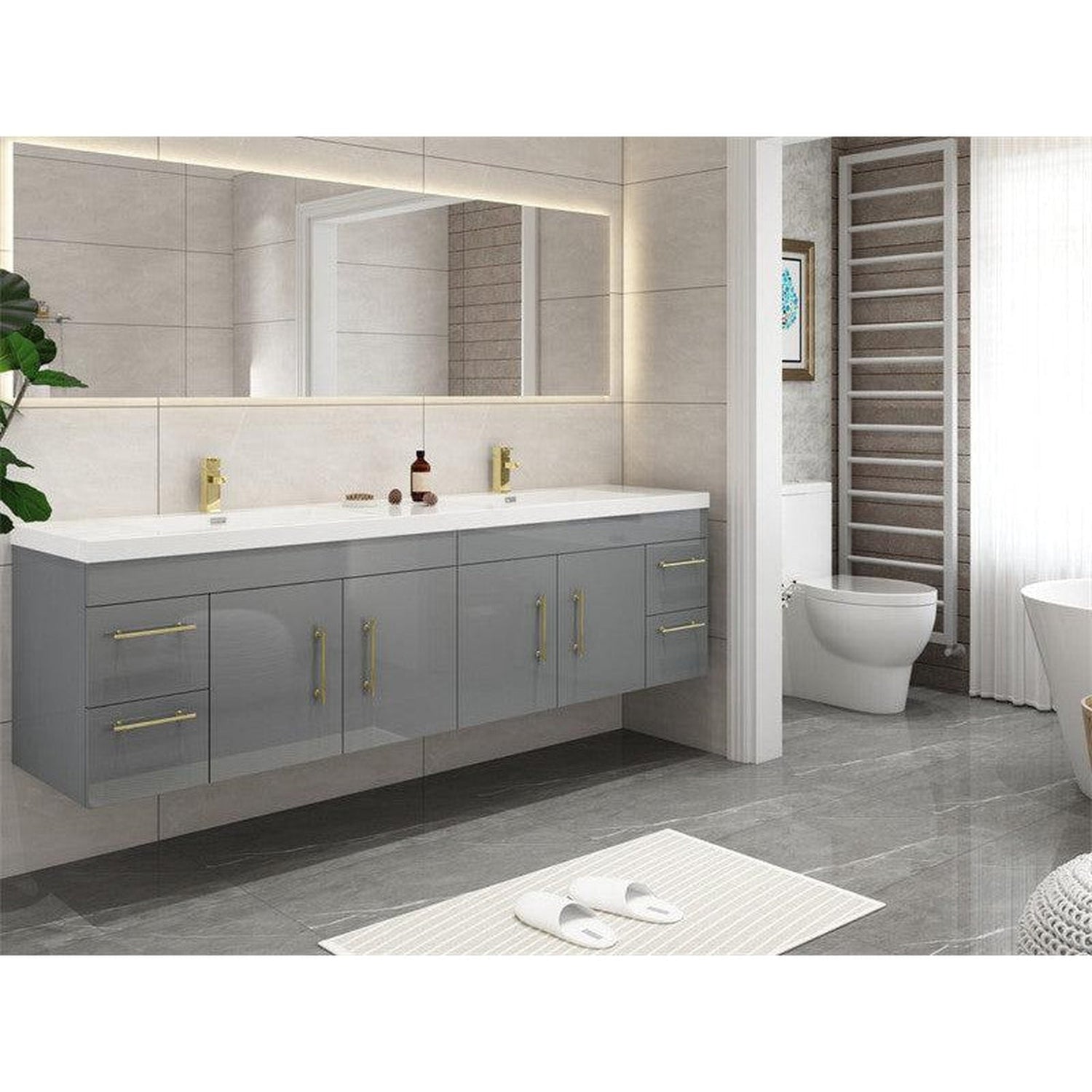 Elara 72&quot; High Gloss Gray Wall-Mounted Vanity With Double Reinforced White Acrylic Sinks