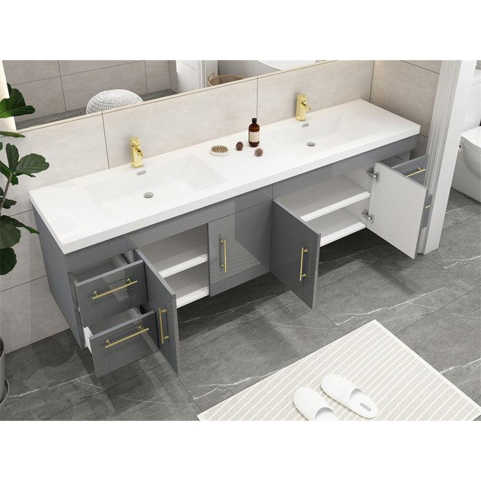 Elara 72&quot; High Gloss Gray Wall-Mounted Vanity With Double Reinforced White Acrylic Sinks