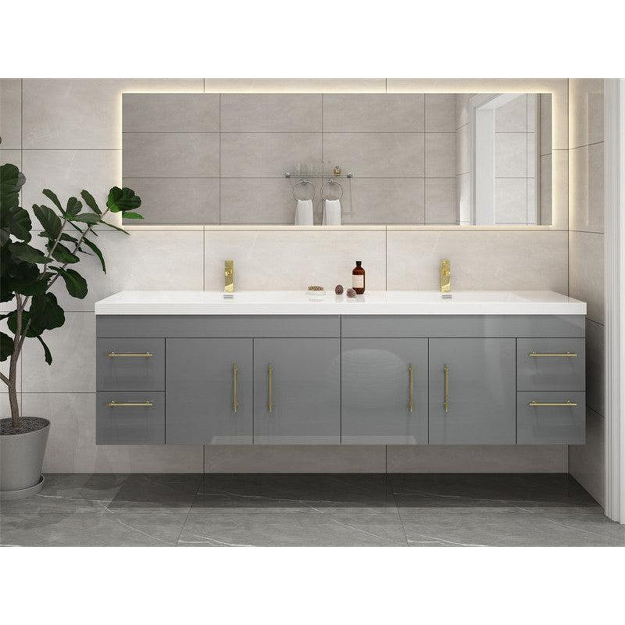 Elara 72&quot; High Gloss Gray Wall-Mounted Vanity With Double Reinforced White Acrylic Sinks