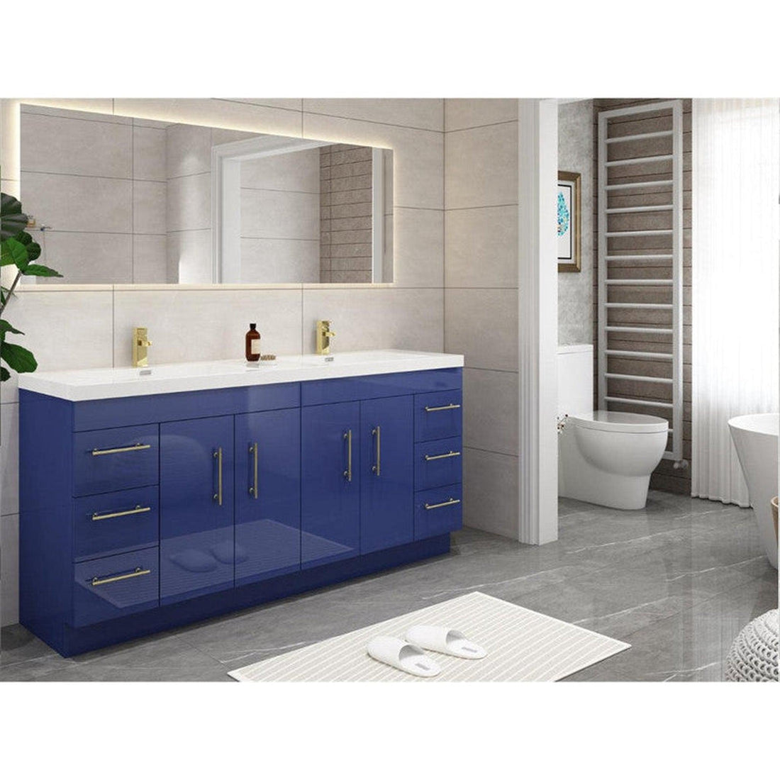 Elara 72&quot; High Gloss Night Blue Freestanding Vanity With Double Reinforced White Acrylic Sinks