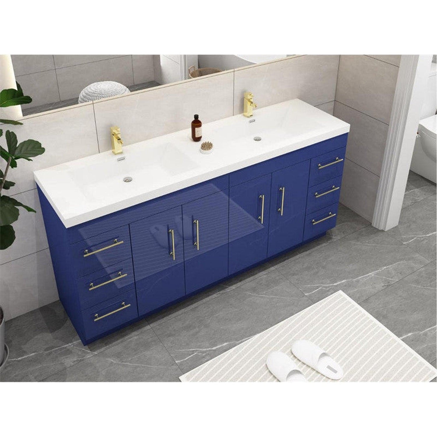 Elara 72&quot; High Gloss Night Blue Freestanding Vanity With Double Reinforced White Acrylic Sinks